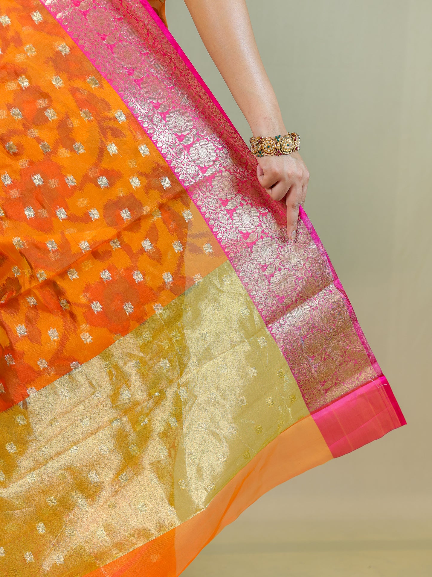 Orange Organza Saree with Pink Zari Border – Lightweight Party Wear Saree