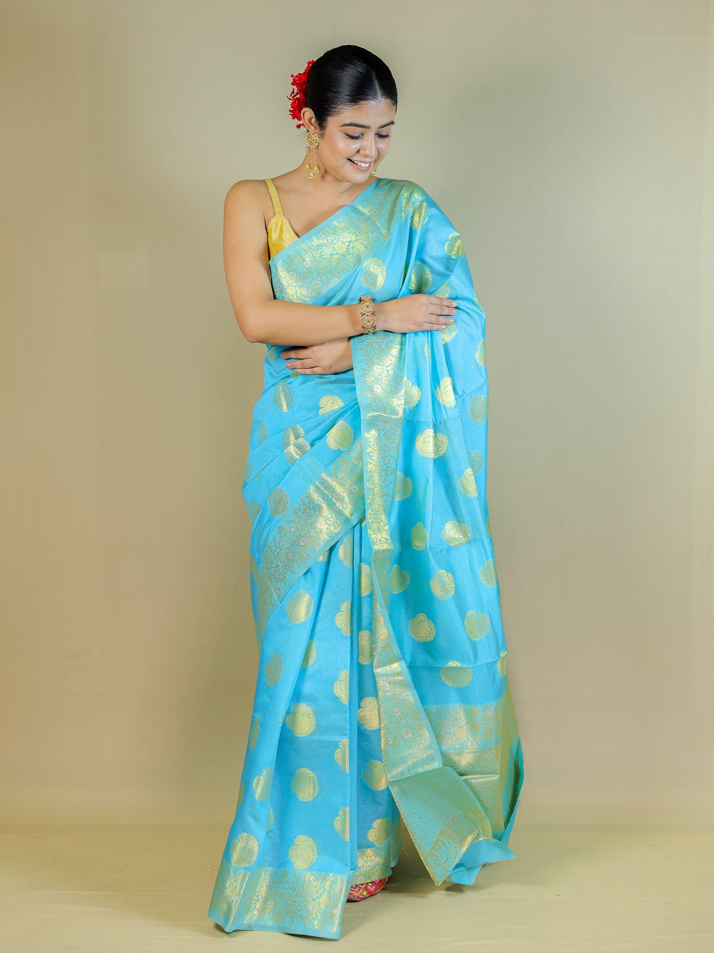 Sky Blue Silk Blend Saree with Golden Zari Motifs – Festive & Party Wear