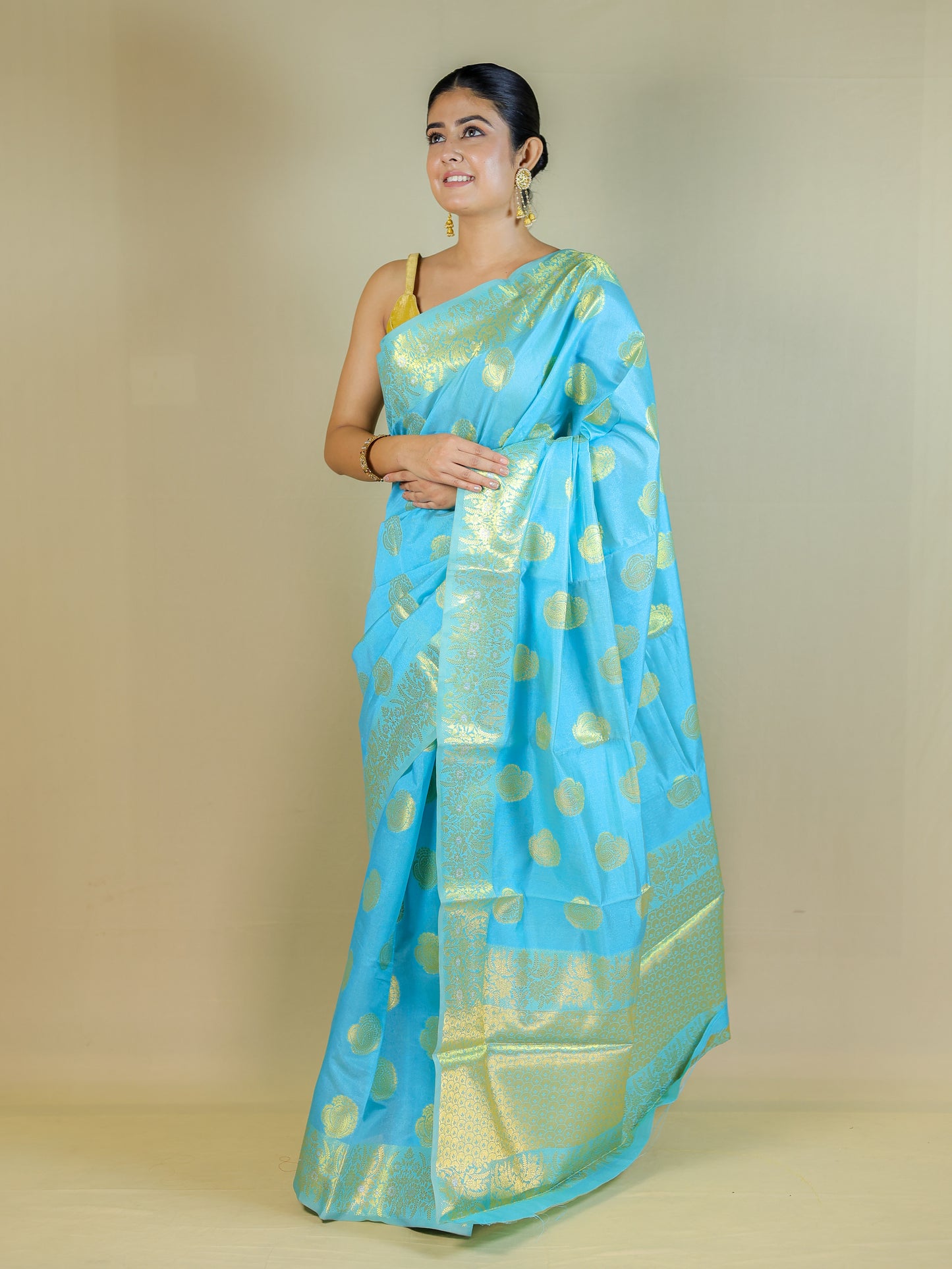 Sky Blue Silk Blend Saree with Golden Zari Motifs – Festive & Party Wear
