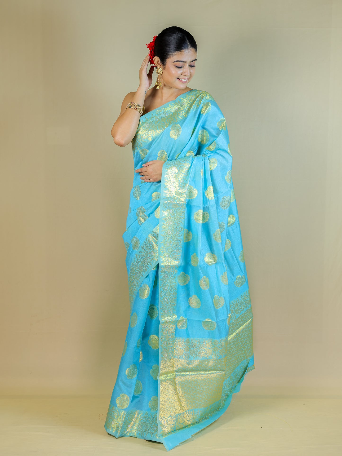 Sky Blue Silk Blend Saree with Golden Zari Motifs – Festive & Party Wear