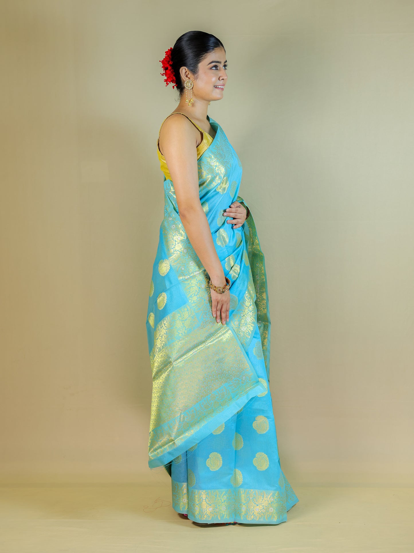 Sky Blue Silk Blend Saree with Golden Zari Motifs – Festive & Party Wear