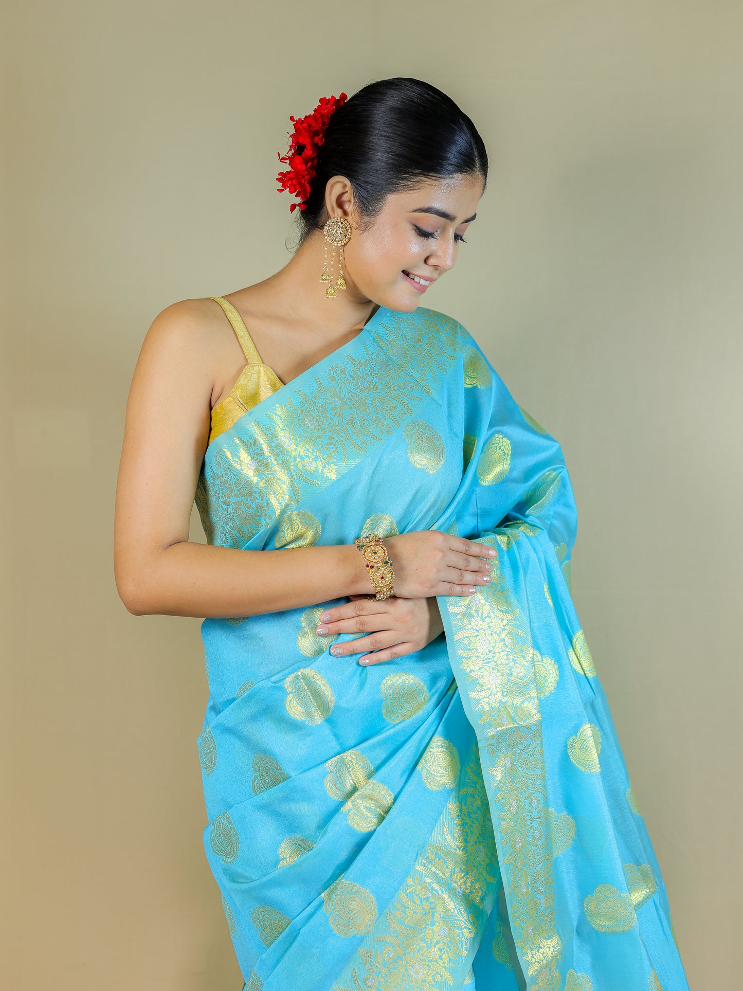 Sky Blue Silk Blend Saree with Golden Zari Motifs – Festive & Party Wear