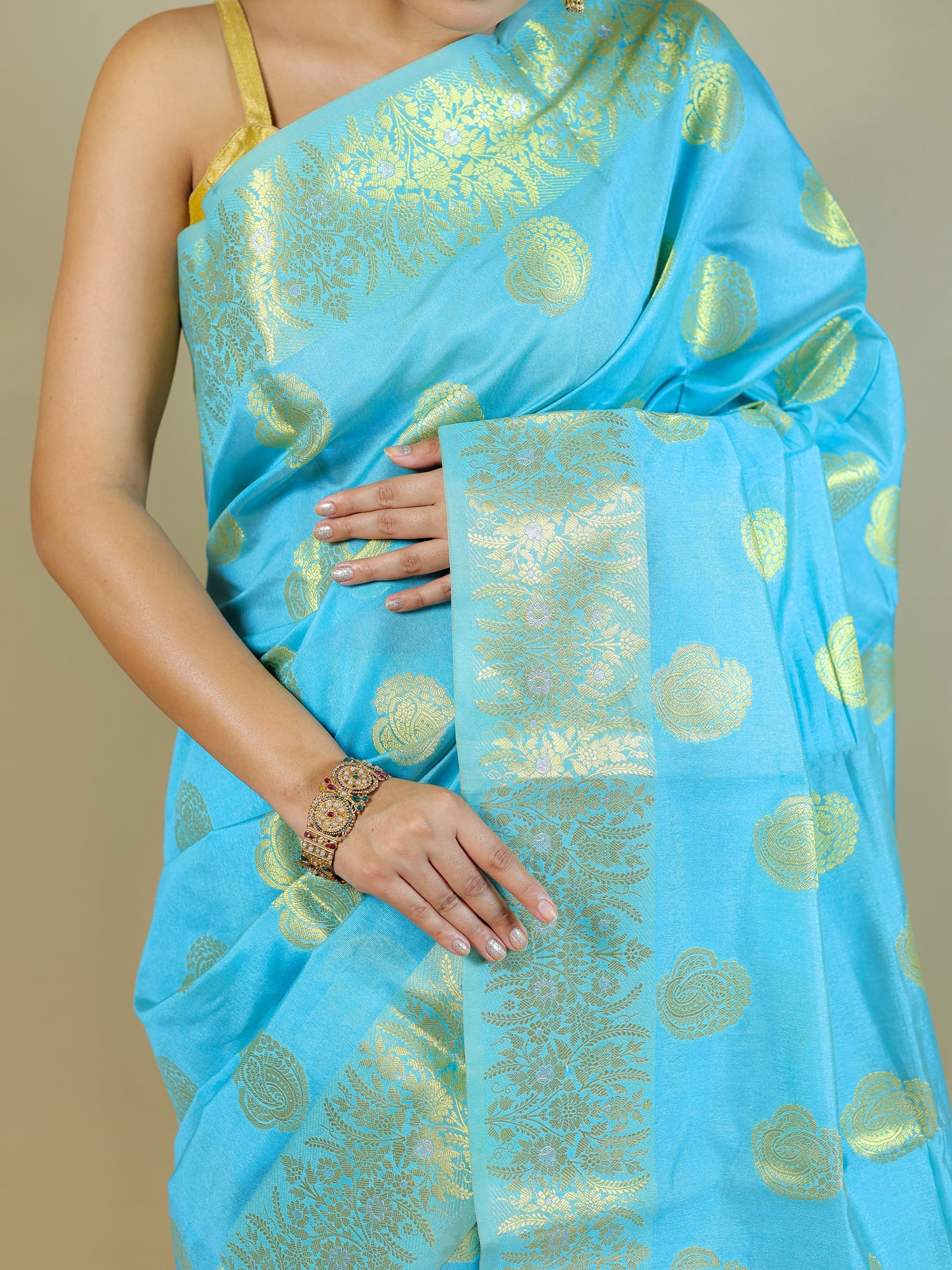 Sky Blue Silk Blend Saree with Golden Zari Motifs – Festive & Party Wear
