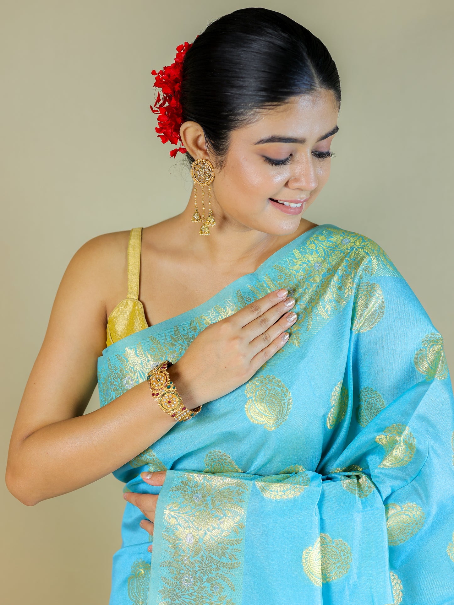 Sky Blue Silk Blend Saree with Golden Zari Motifs – Festive & Party Wear
