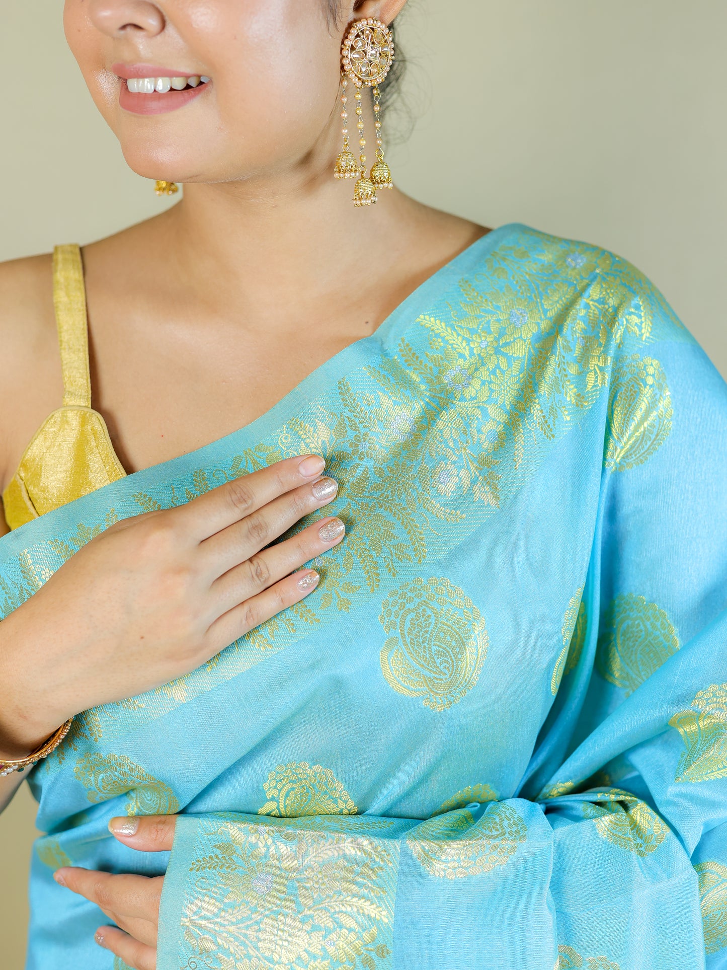 Sky Blue Silk Blend Saree with Golden Zari Motifs – Festive & Party Wear