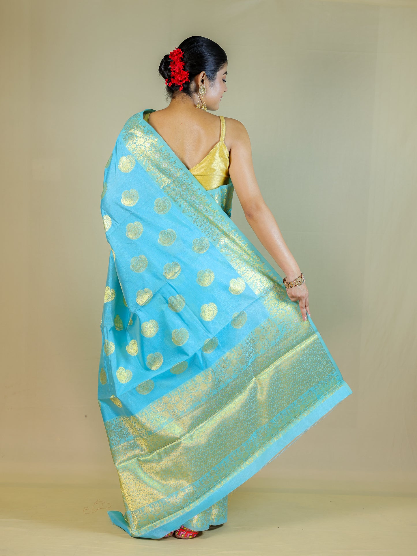 Sky Blue Silk Blend Saree with Golden Zari Motifs – Festive & Party Wear