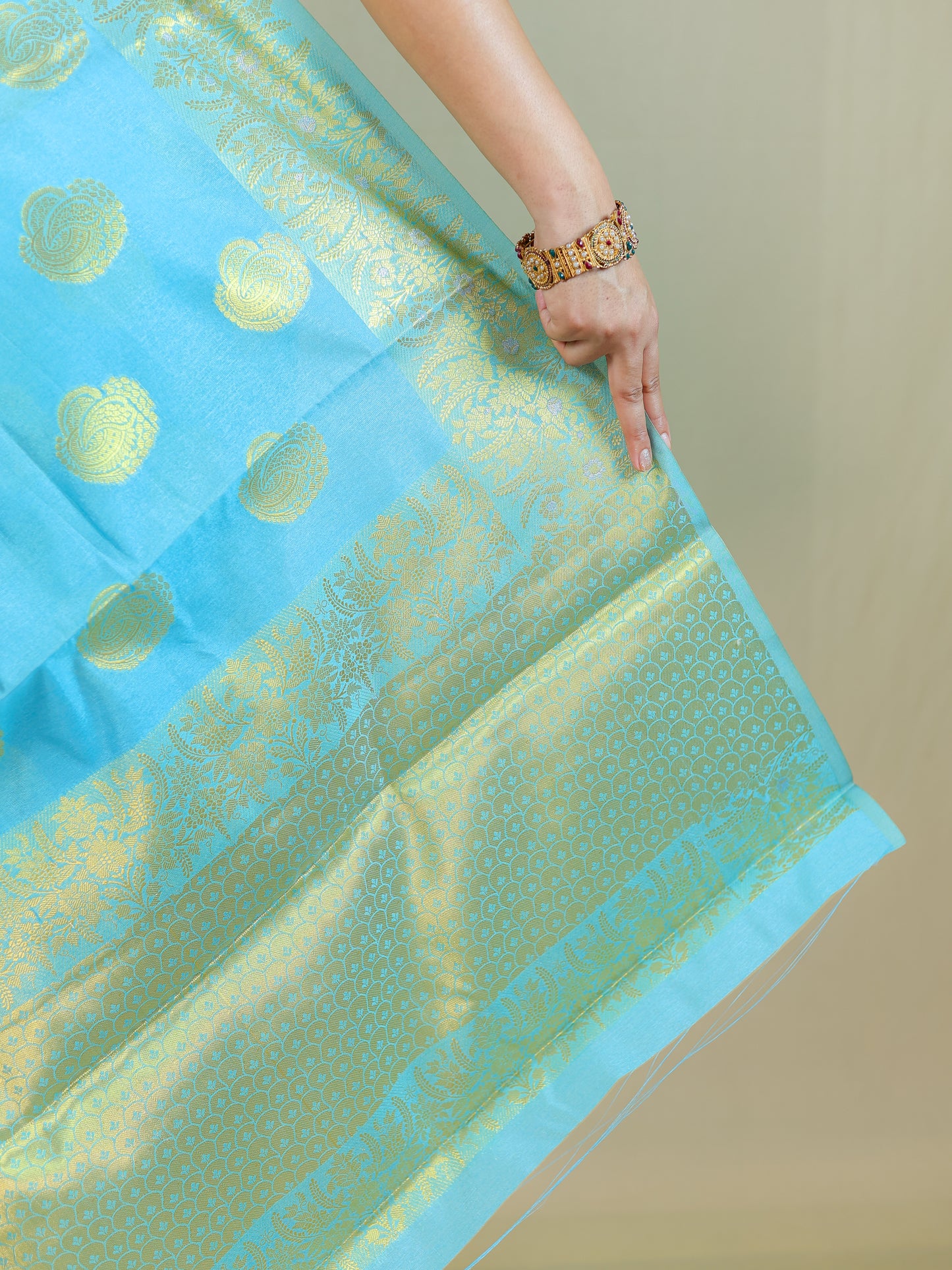 Sky Blue Silk Blend Saree with Golden Zari Motifs – Festive & Party Wear