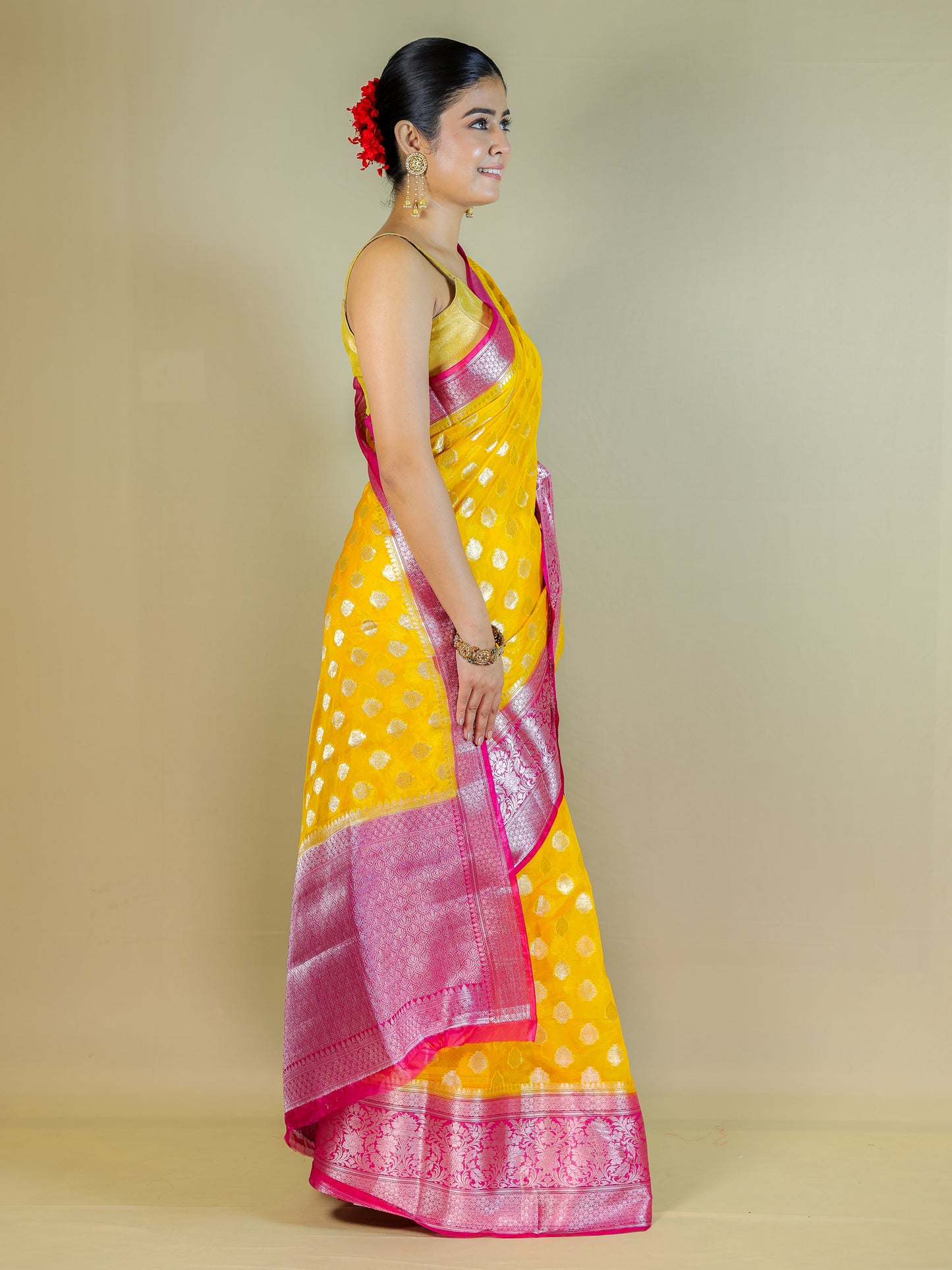 Yellow Silk Blend Saree with Pink Zari Border – Festive & Party Wear