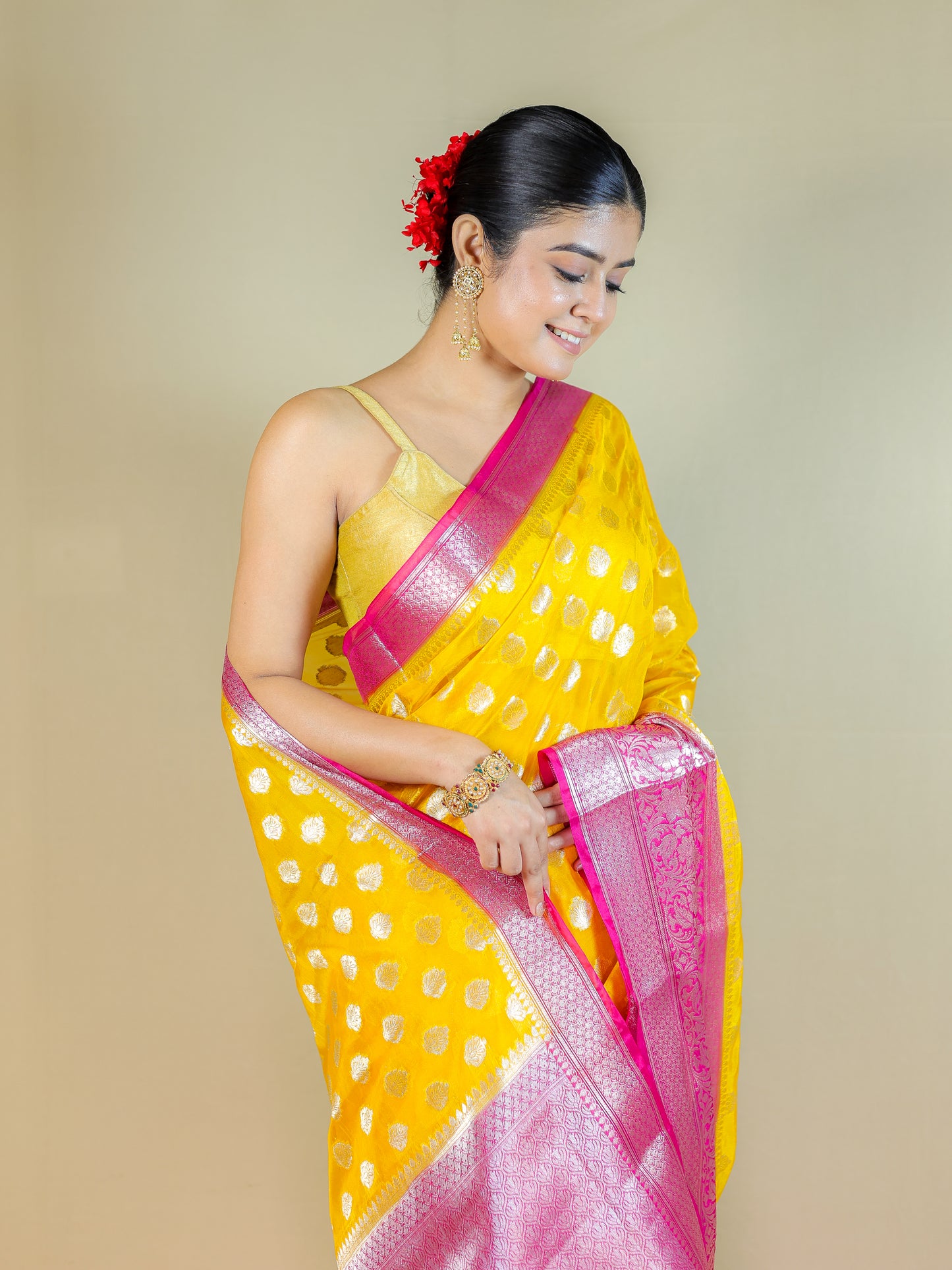 Yellow Silk Blend Saree with Pink Zari Border – Festive & Party Wear