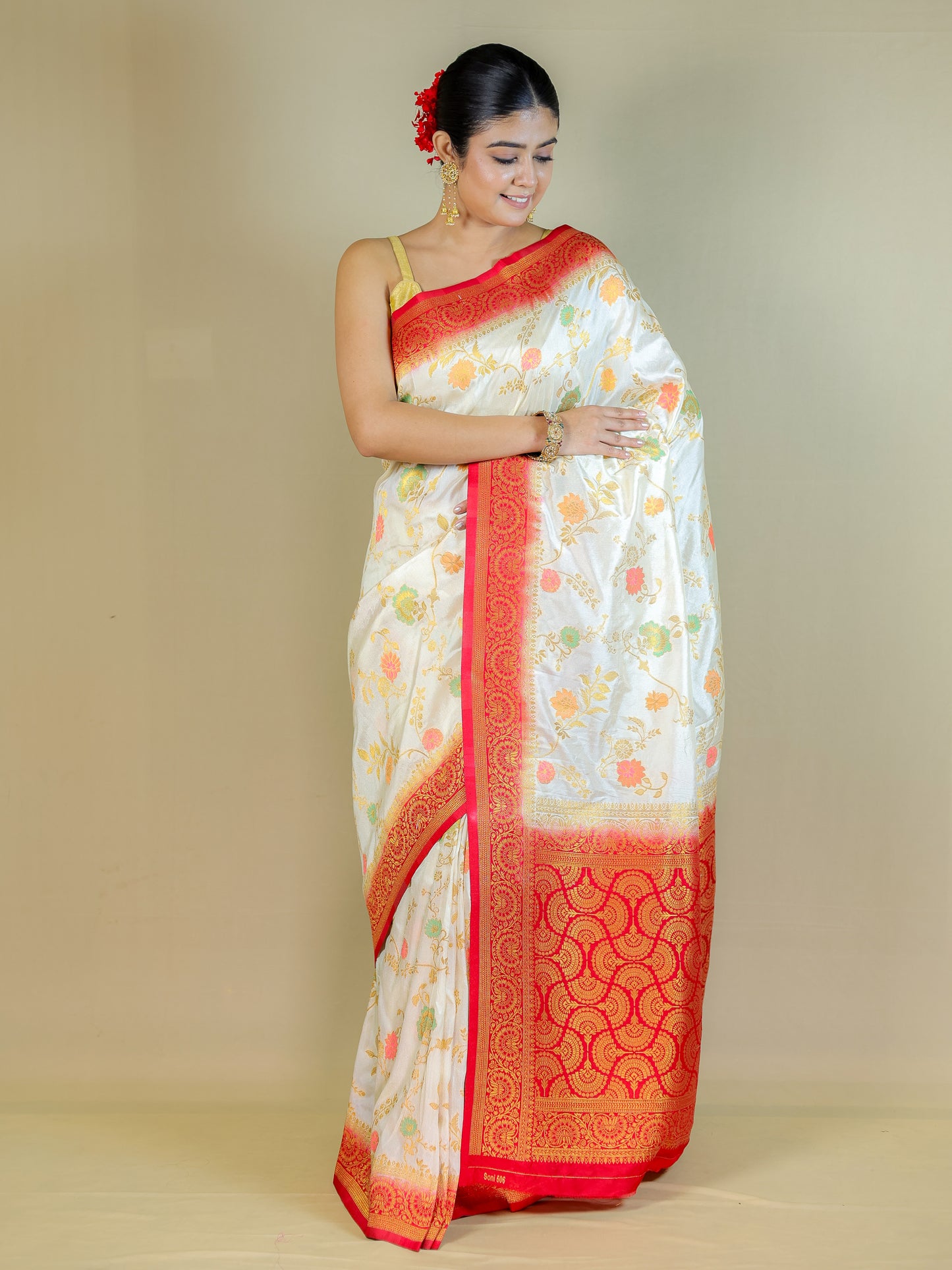 White Silk Blend Saree with Multicolor Floral Design & Red Zari Border – Festive Wear
