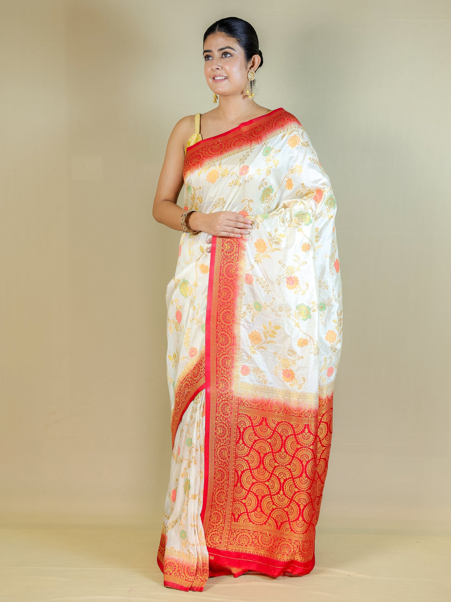 White Silk Blend Saree with Multicolor Floral Design & Red Zari Border – Festive Wear