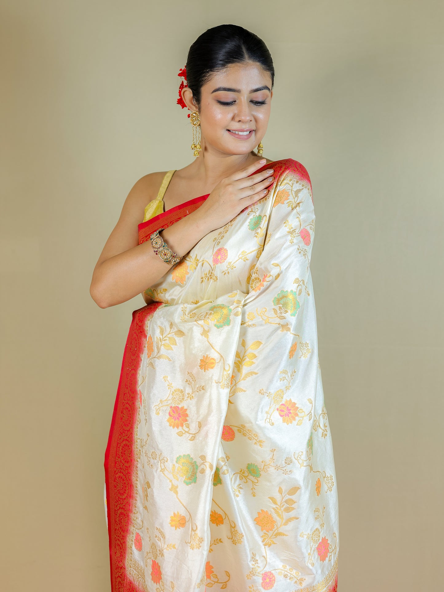 White Silk Blend Saree with Multicolor Floral Design & Red Zari Border – Festive Wear