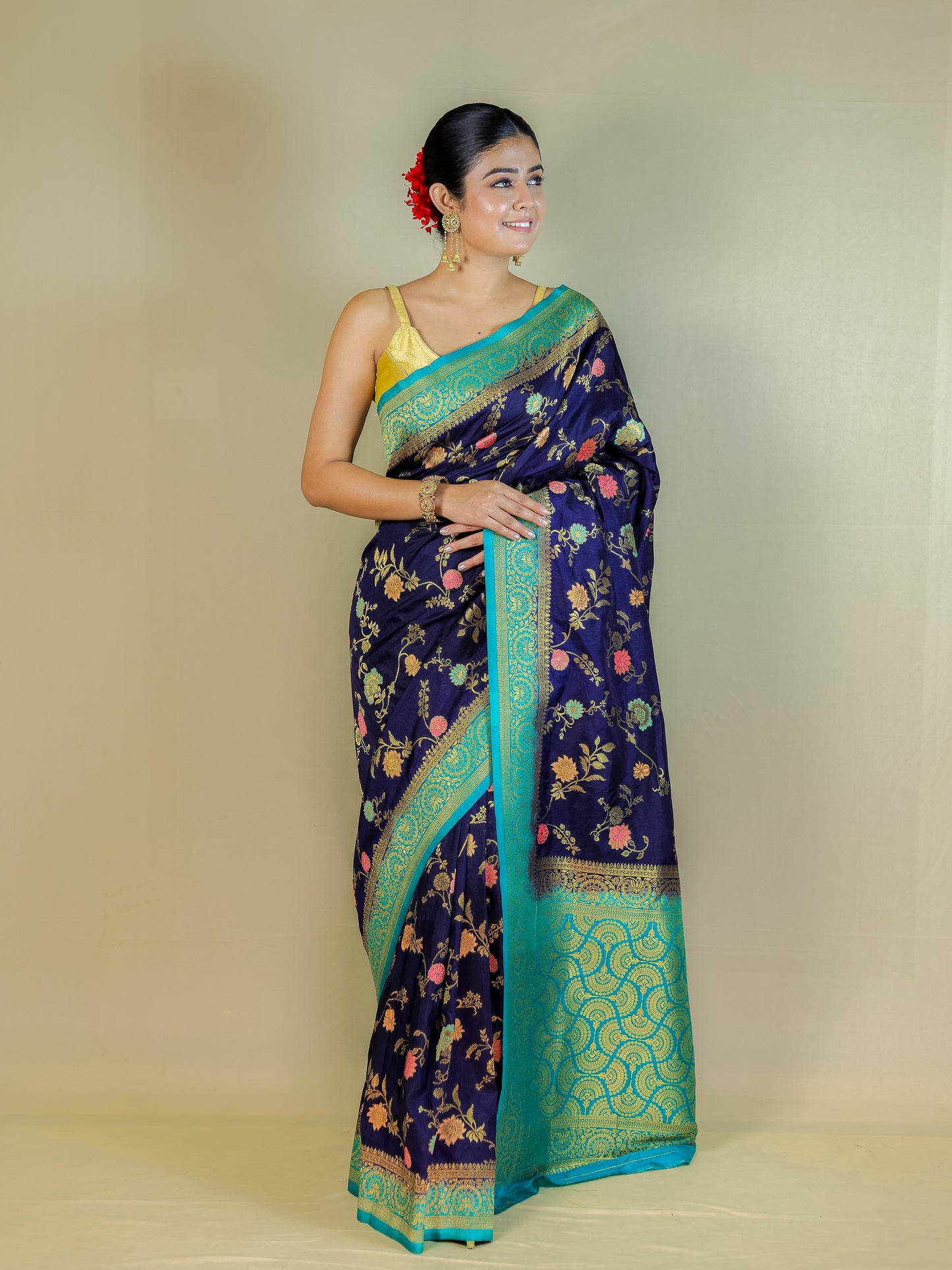 Navy Blue Silk Blend Saree with Multicolor Floral Weave & Turquoise Zari Border