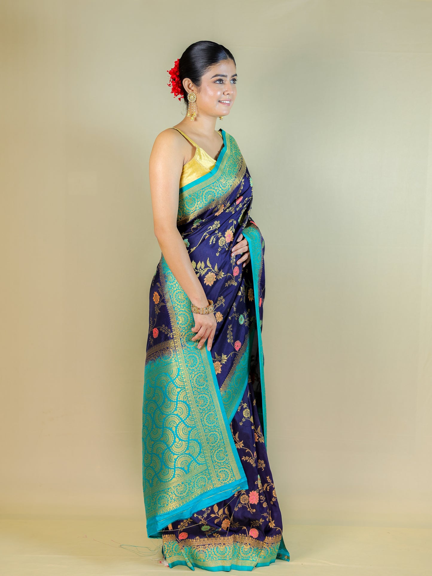 Navy Blue Silk Blend Saree with Multicolor Floral Weave & Turquoise Zari Border
