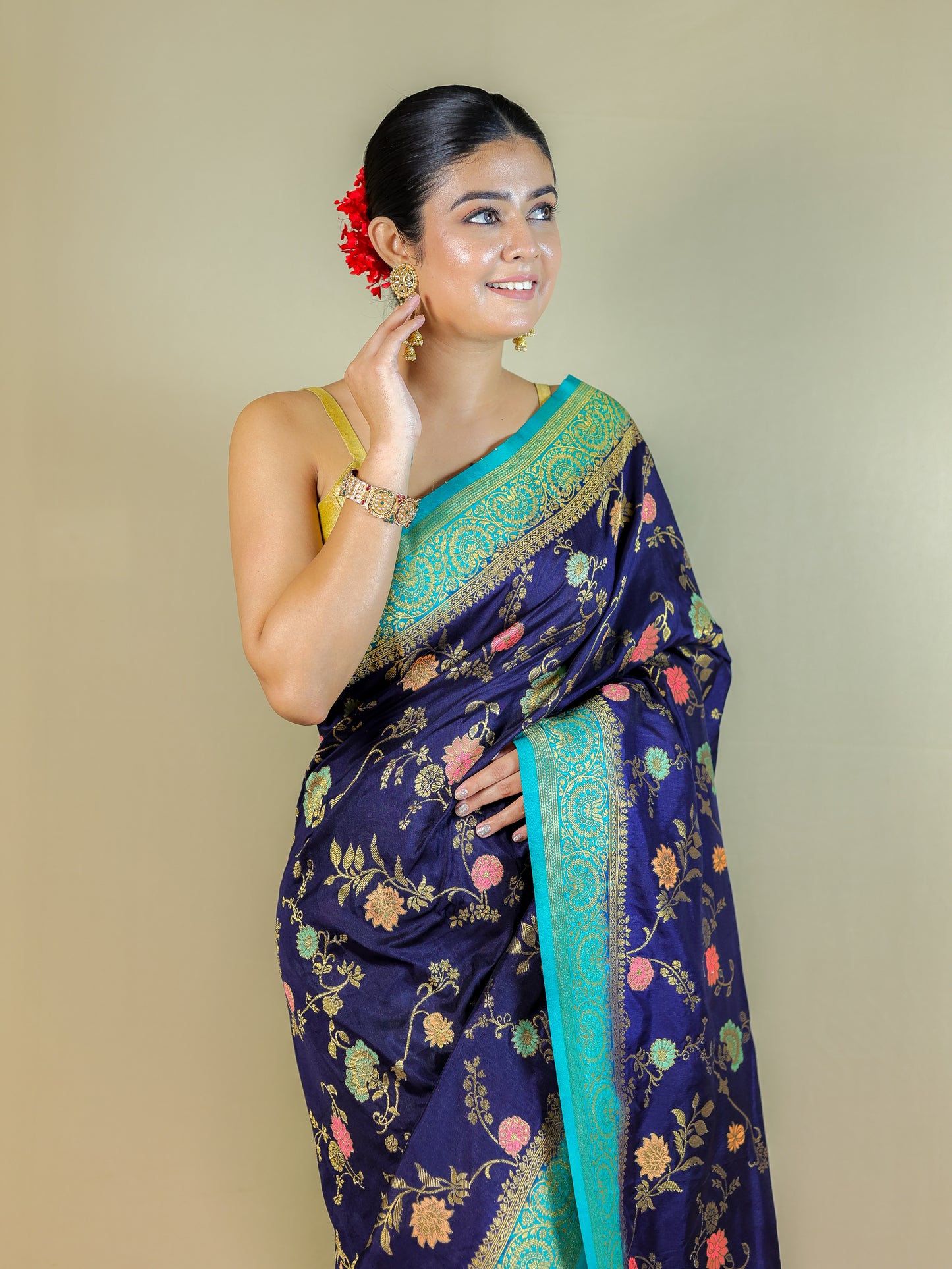 Navy Blue Silk Blend Saree with Multicolor Floral Weave & Turquoise Zari Border