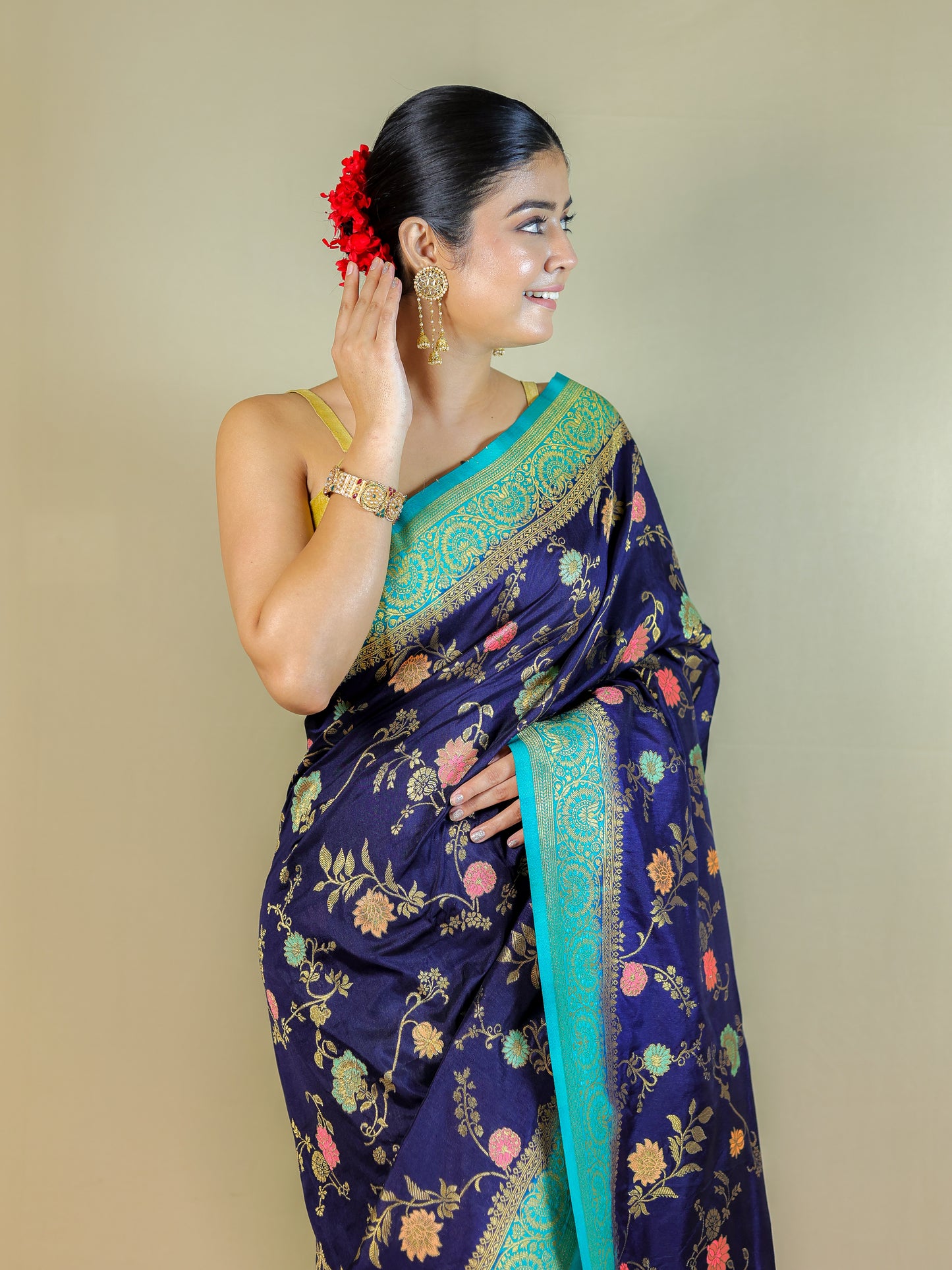 Navy Blue Silk Blend Saree with Multicolor Floral Weave & Turquoise Zari Border