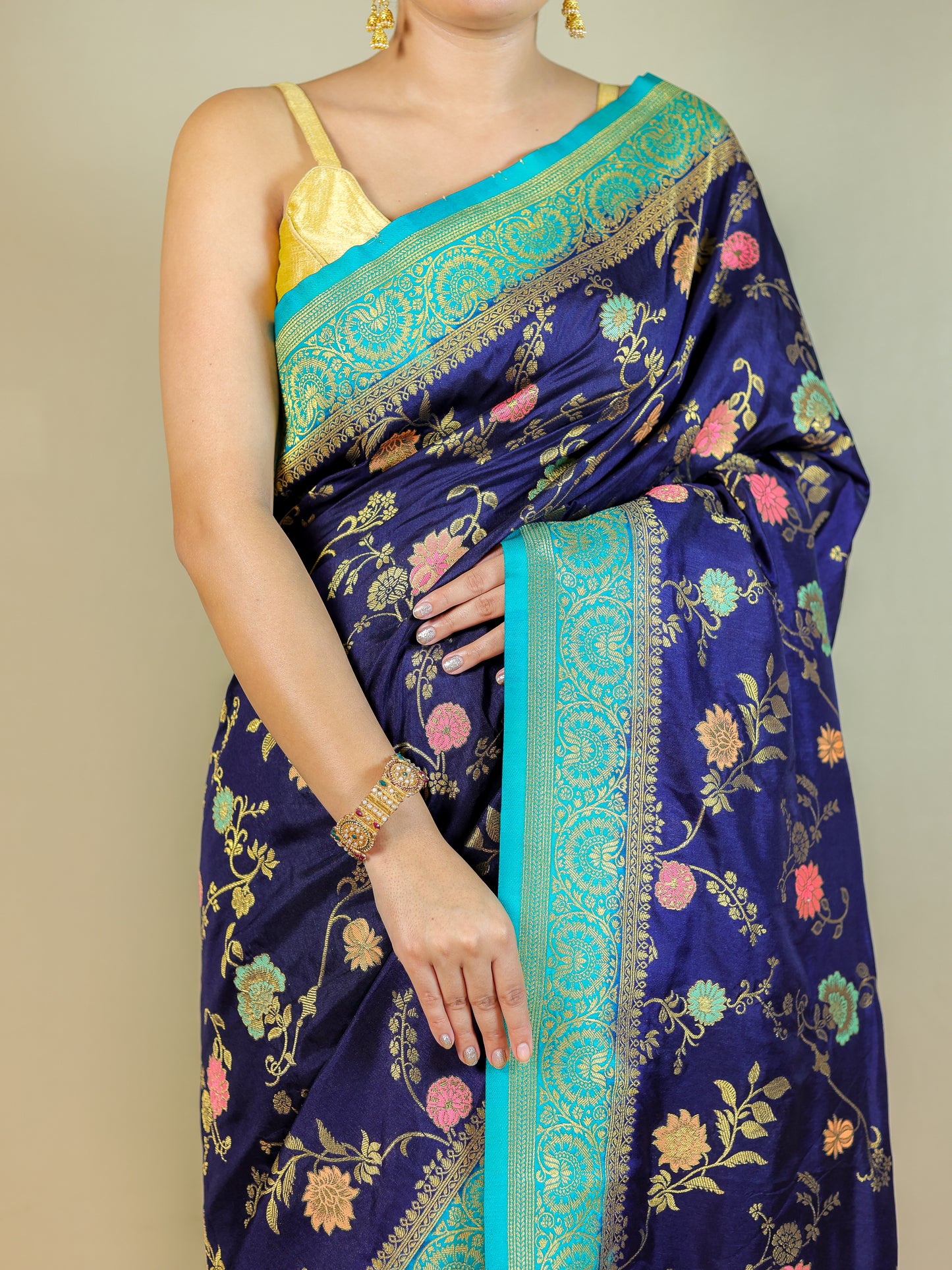 Navy Blue Silk Blend Saree with Multicolor Floral Weave & Turquoise Zari Border