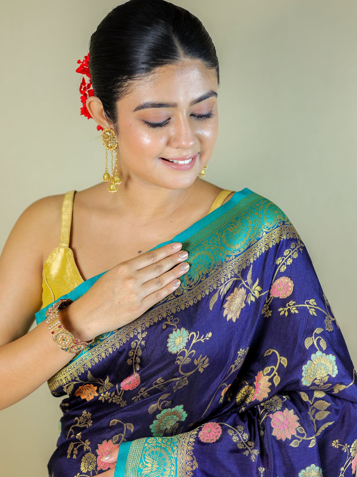 Navy Blue Silk Blend Saree with Multicolor Floral Weave & Turquoise Zari Border