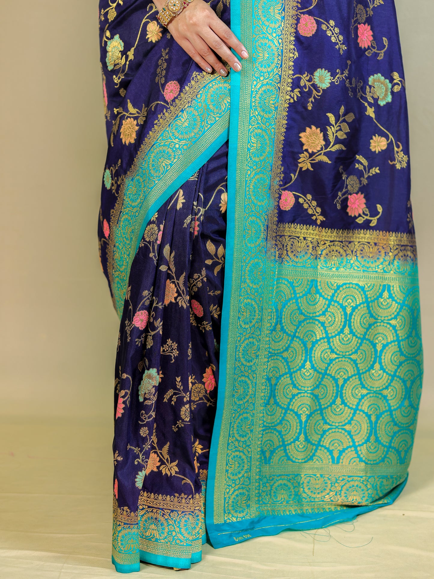 Navy Blue Silk Blend Saree with Multicolor Floral Weave & Turquoise Zari Border
