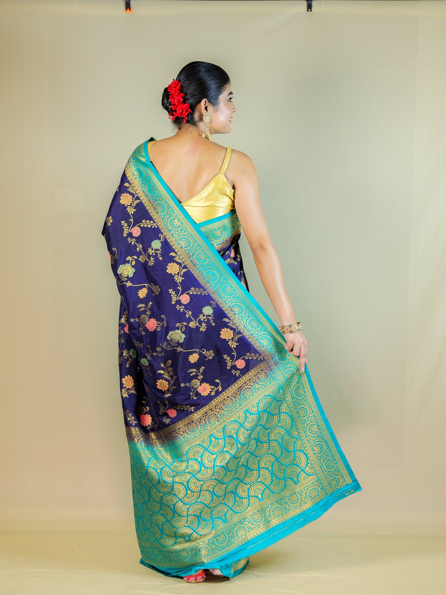 Navy Blue Silk Blend Saree with Multicolor Floral Weave & Turquoise Zari Border