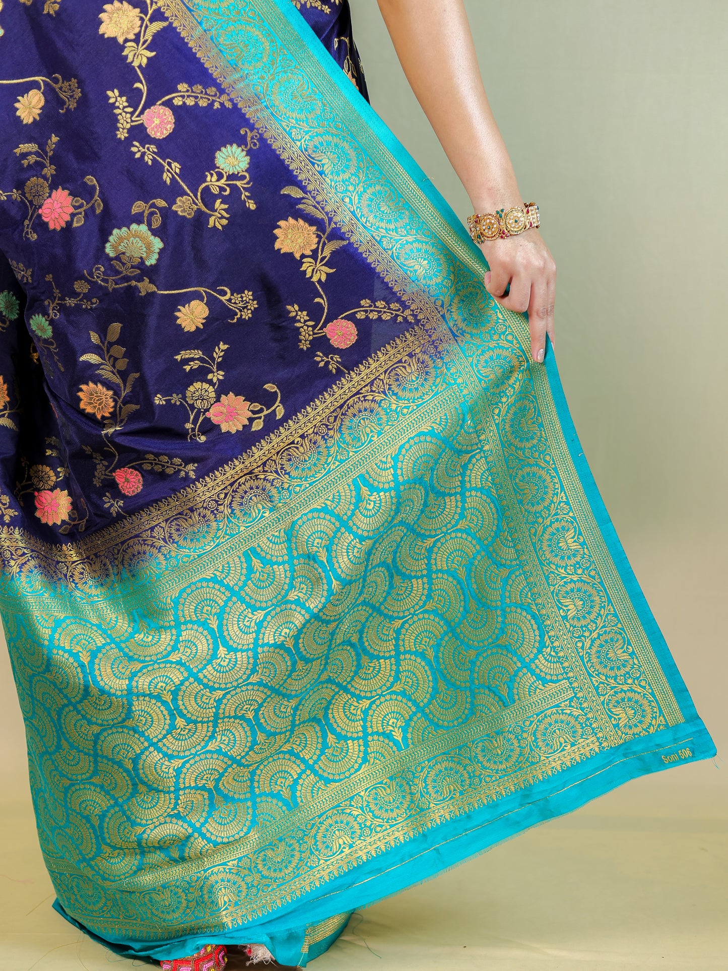 Navy Blue Silk Blend Saree with Multicolor Floral Weave & Turquoise Zari Border