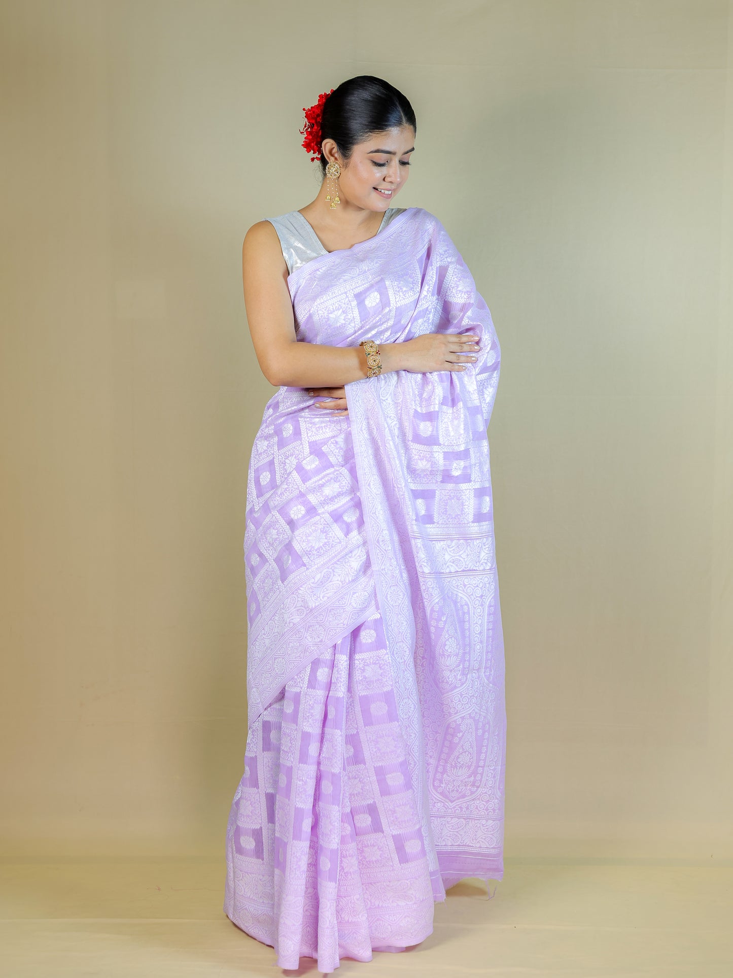Lavender Cotton Saree with Geometric Woven Pattern | Daily Wear