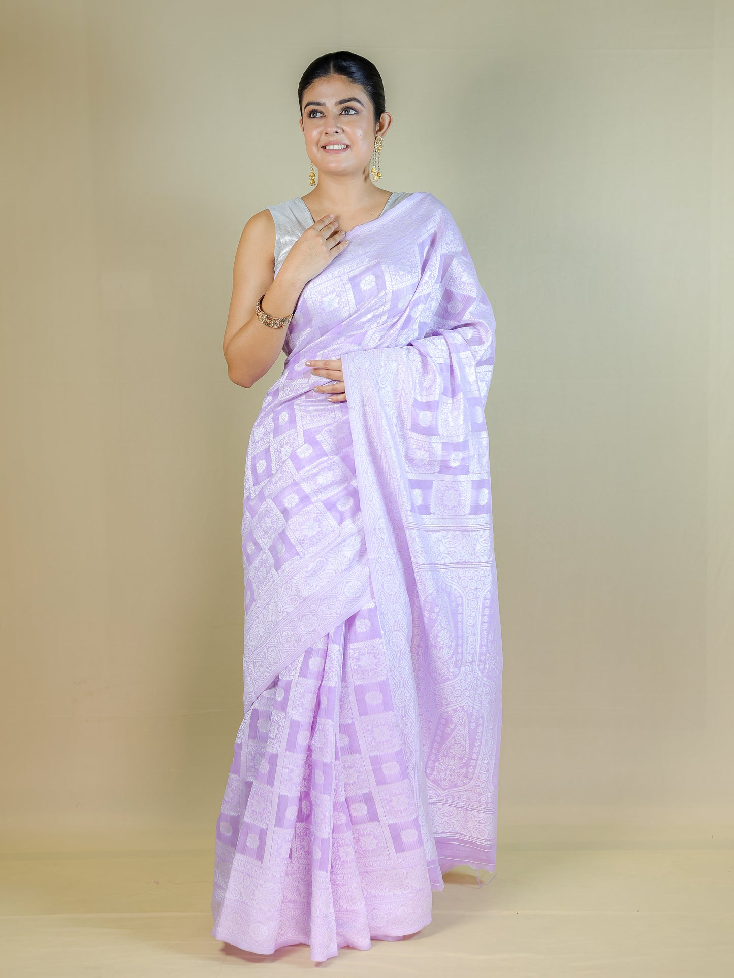 Lavender Cotton Saree with Geometric Woven Pattern | Daily Wear