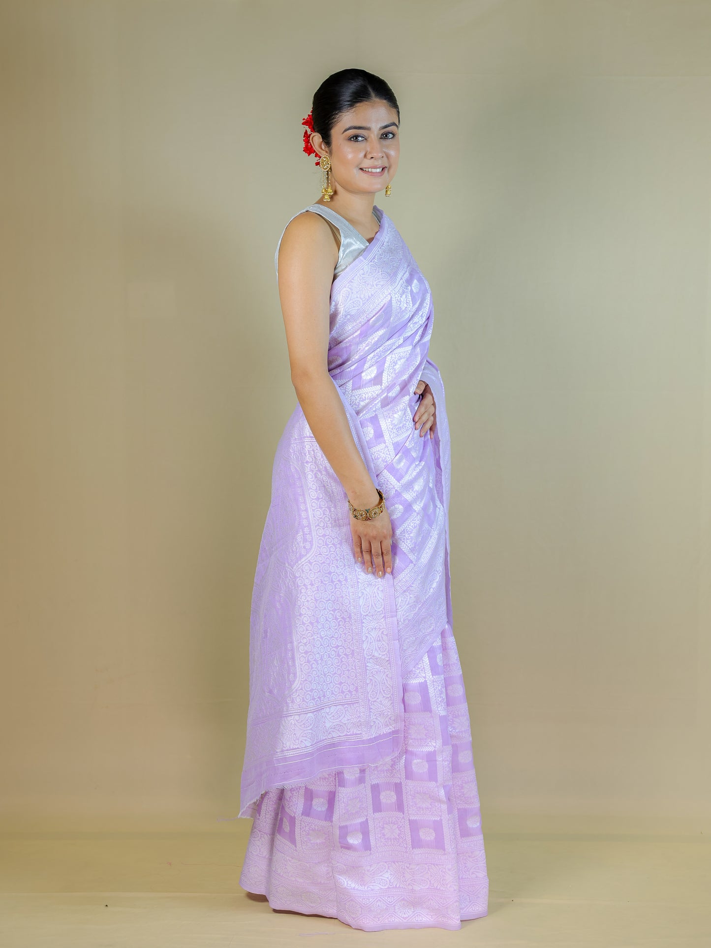 Lavender Cotton Saree with Geometric Woven Pattern | Daily Wear