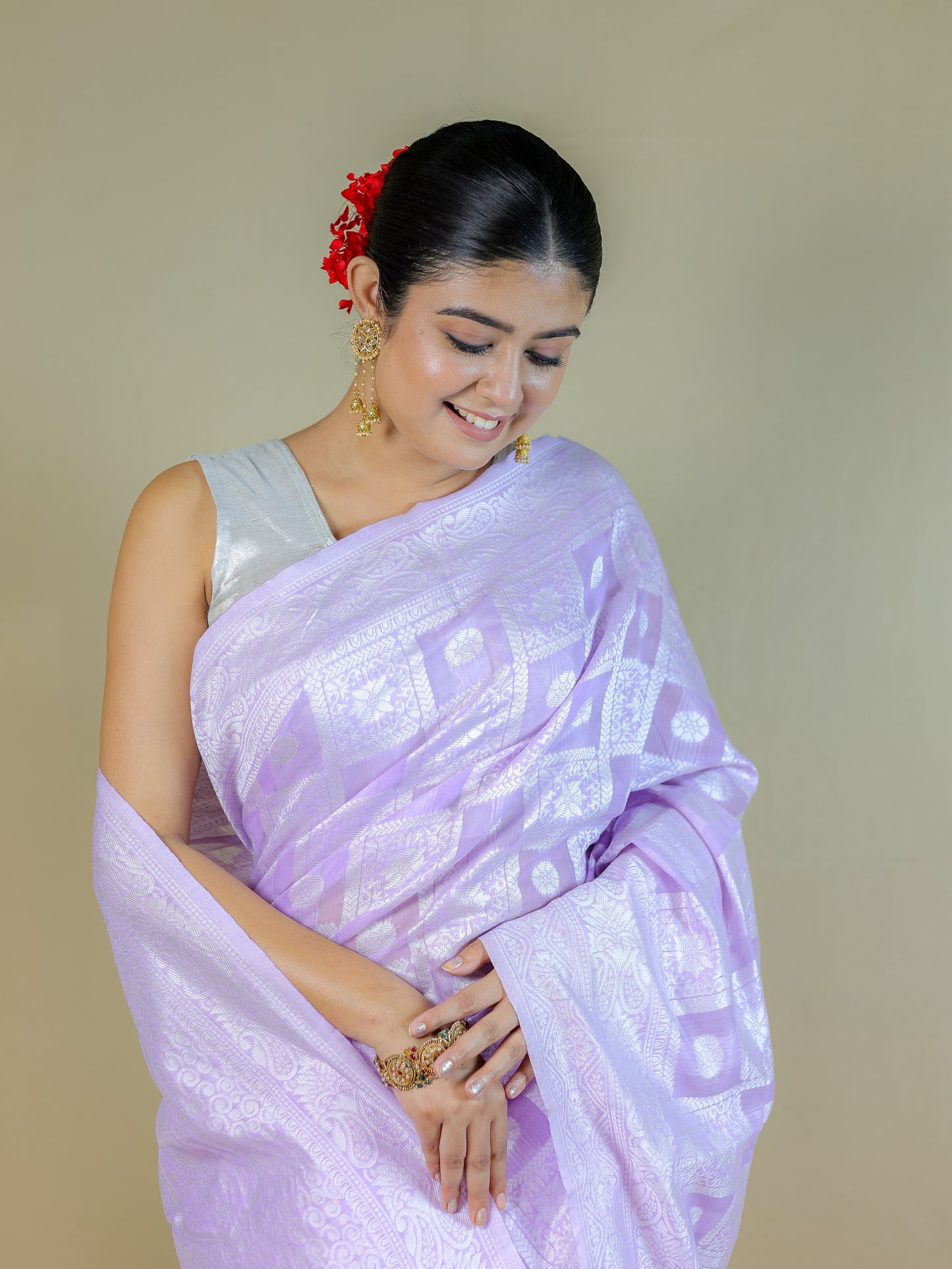 Lavender Cotton Saree with Geometric Woven Pattern | Daily Wear