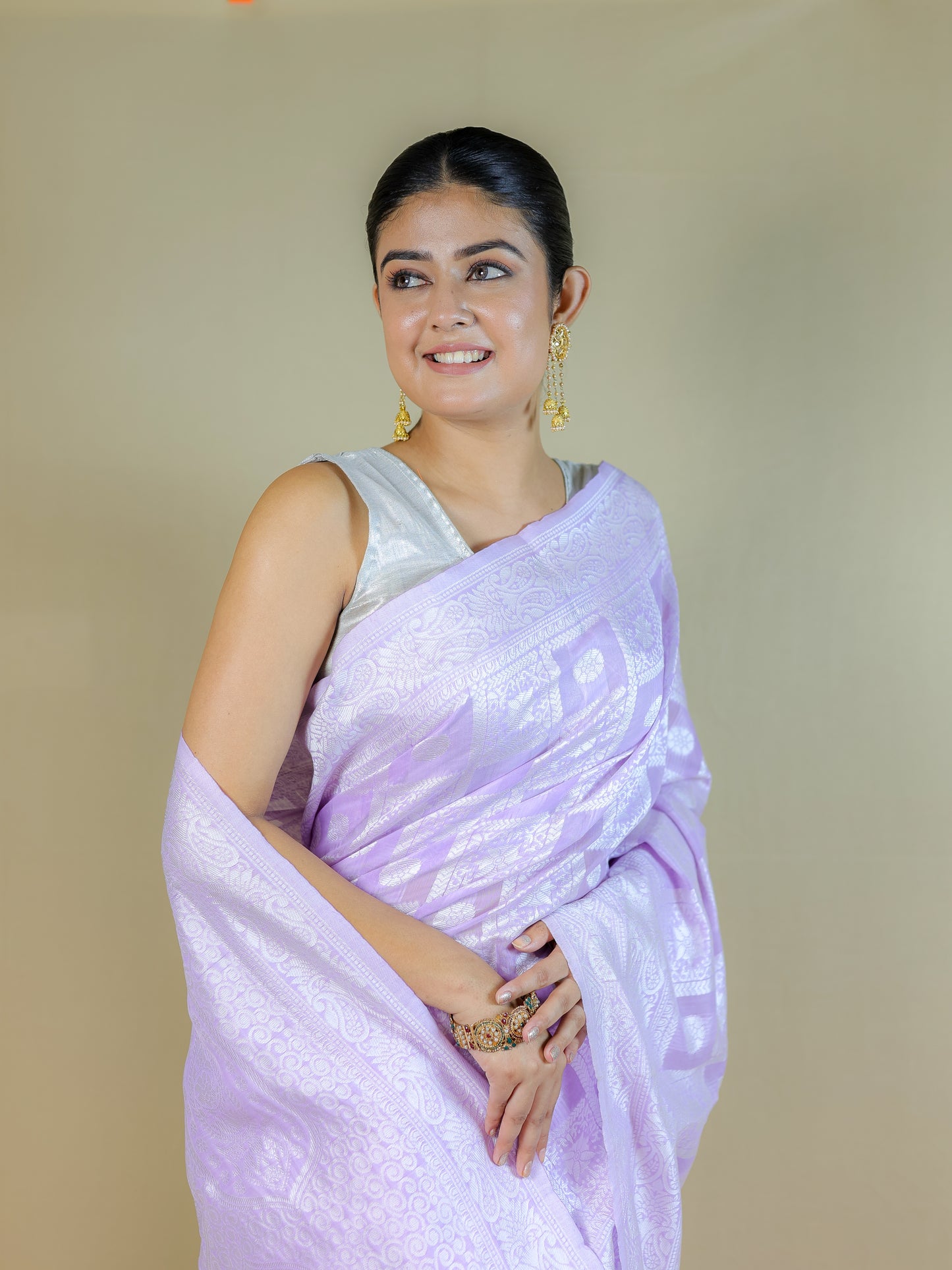 Lavender Cotton Saree with Geometric Woven Pattern | Daily Wear