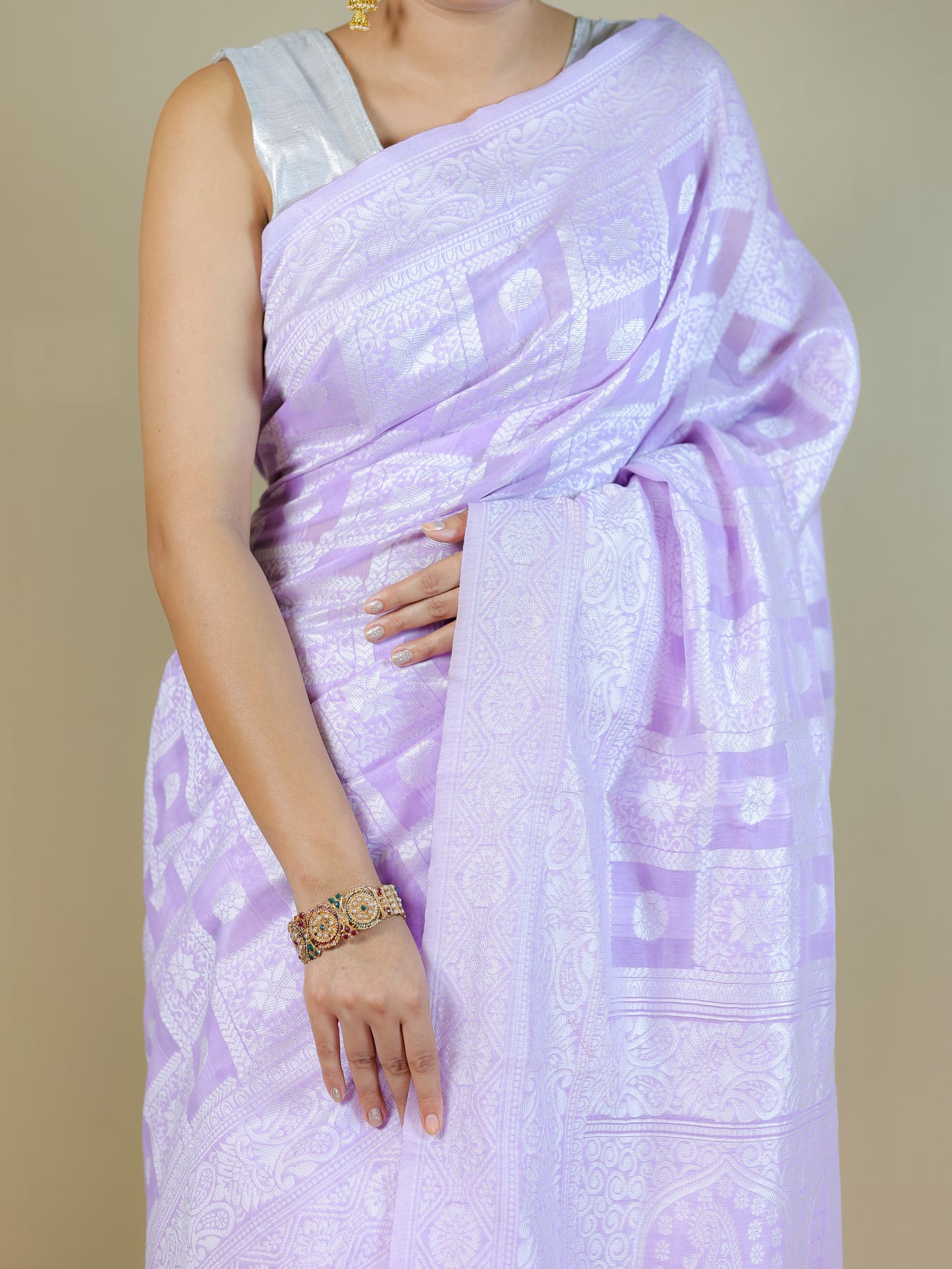 Lavender Cotton Saree with Geometric Woven Pattern | Daily Wear