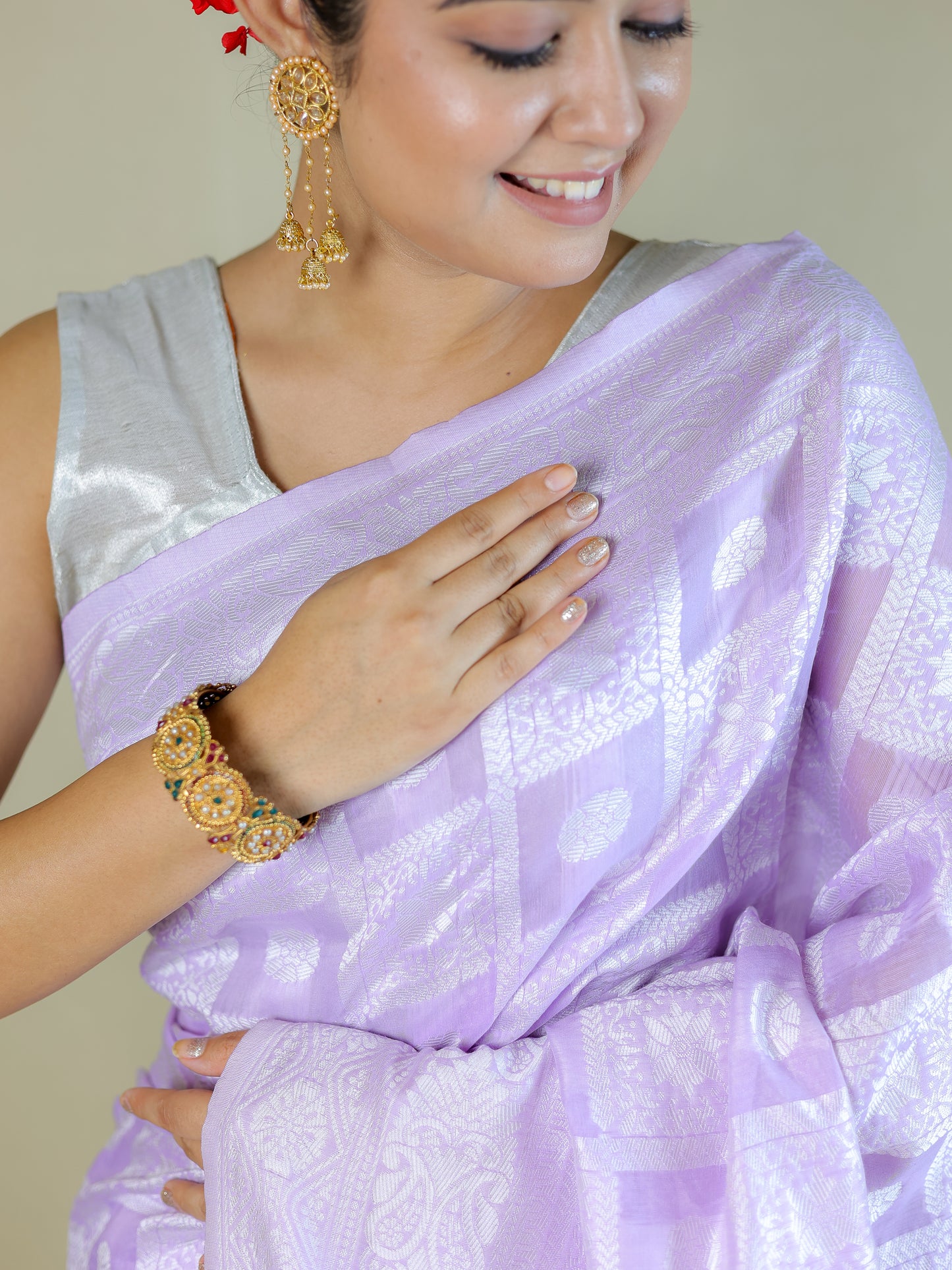 Lavender Cotton Saree with Geometric Woven Pattern | Daily Wear