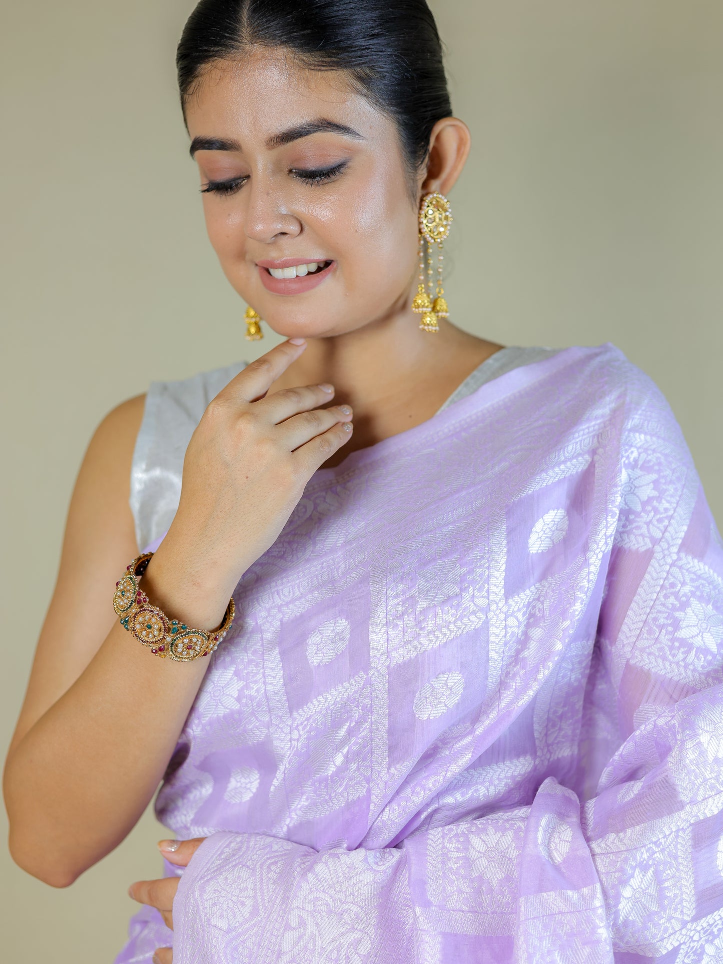 Lavender Cotton Saree with Geometric Woven Pattern | Daily Wear