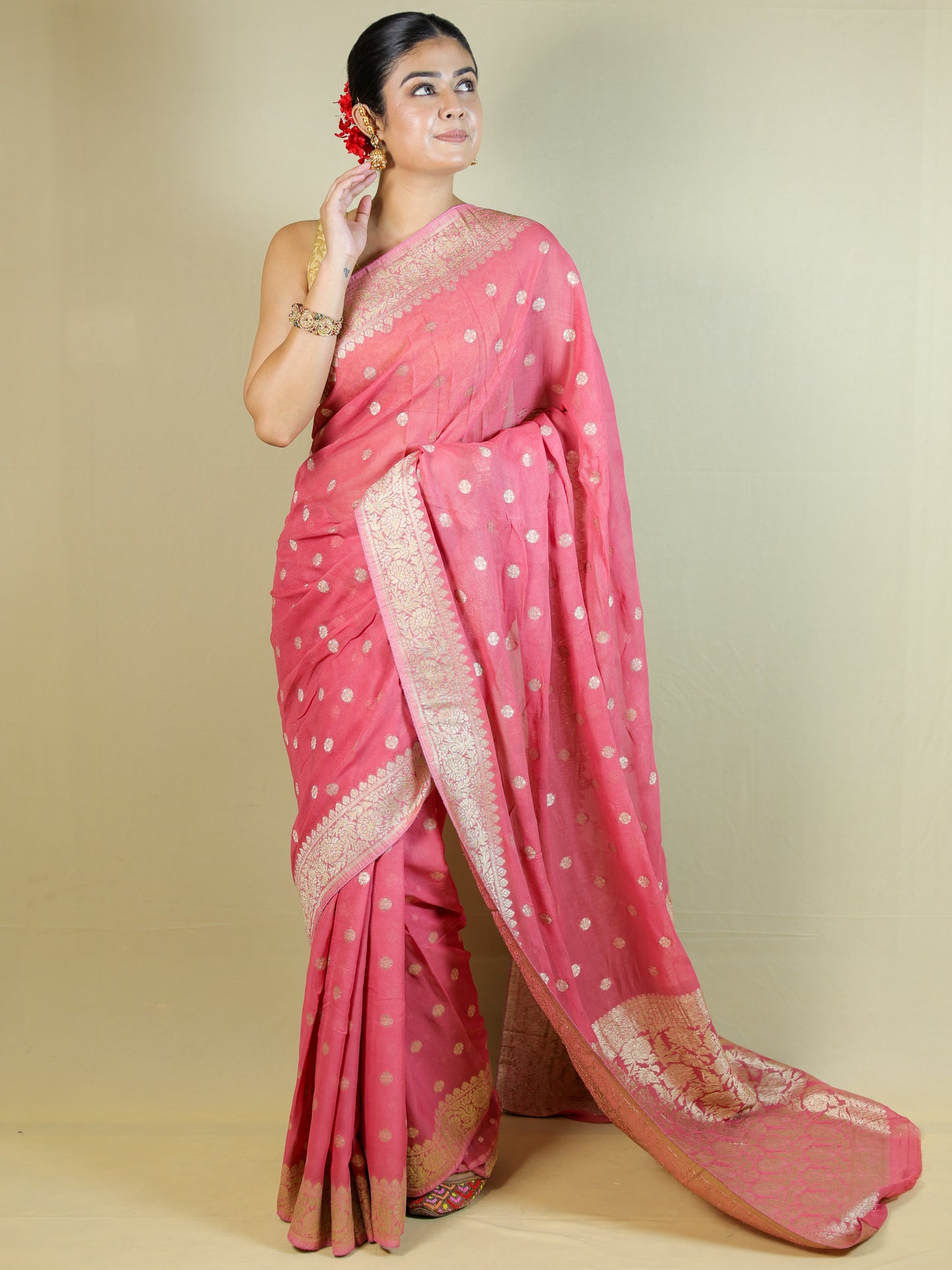 Pure Organza Banarasi Saree with Blouse Piece – Elegant Pink
