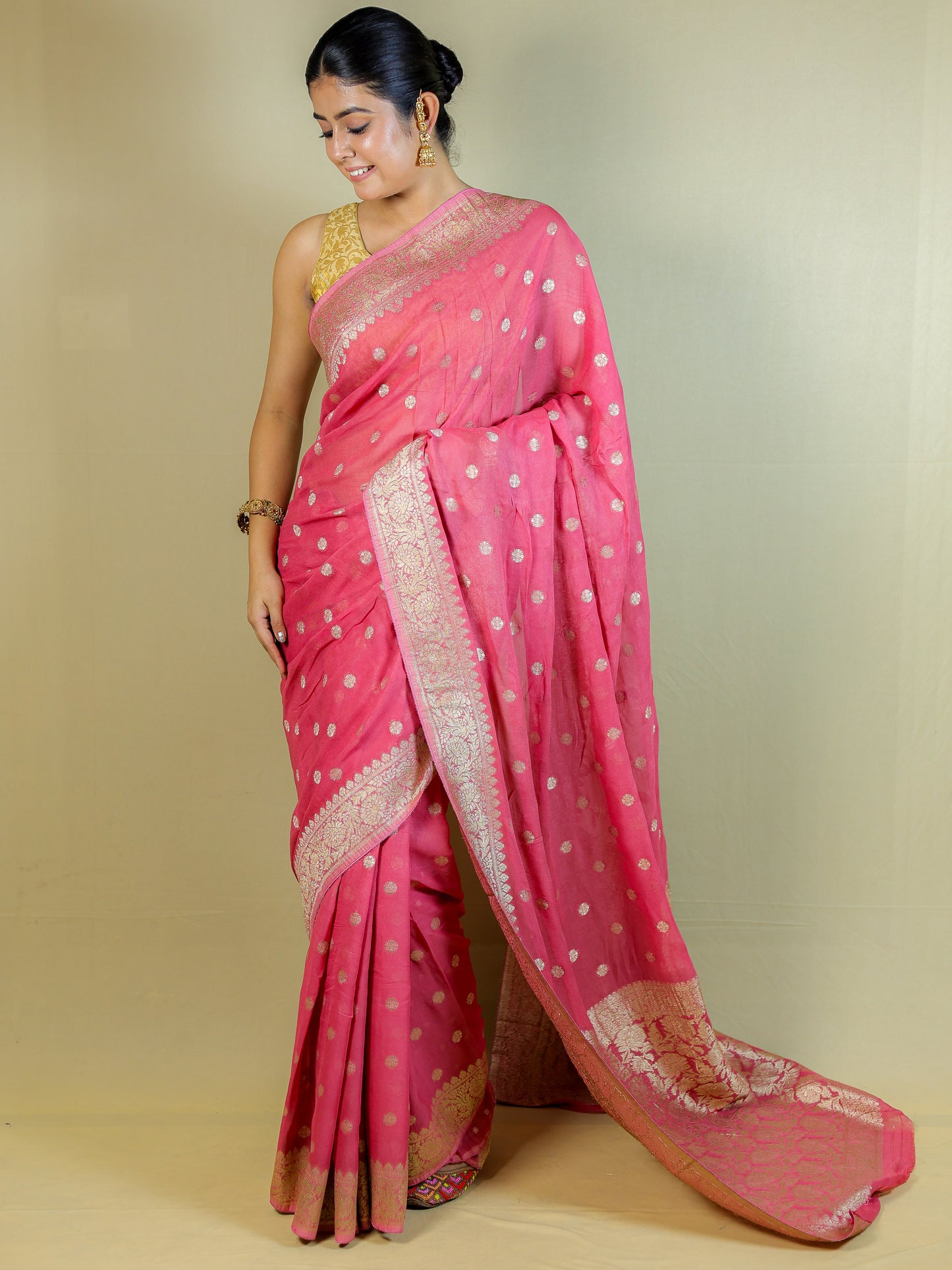Pure Organza Banarasi Saree with Blouse Piece – Elegant Pink