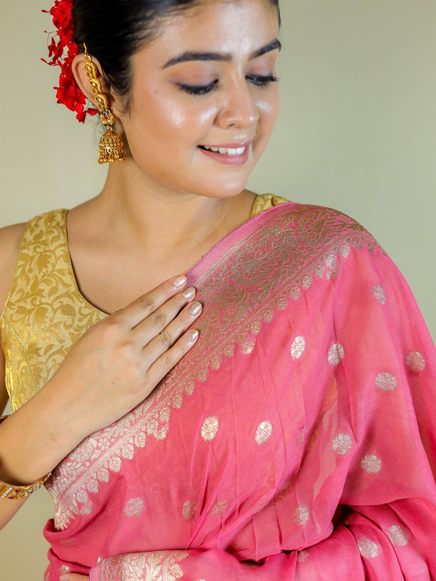 Pure Organza Banarasi Saree with Blouse Piece – Elegant Pink