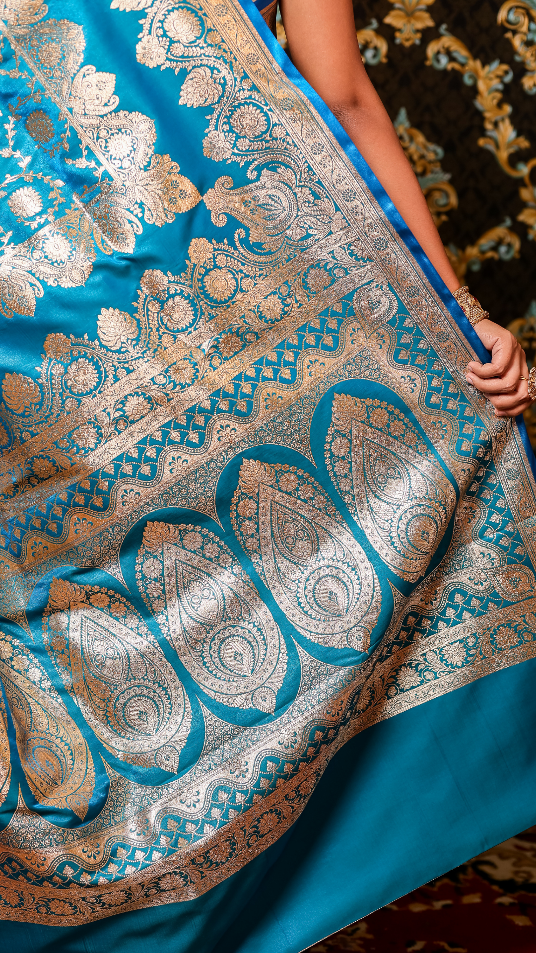 Azure Bloom Banarasi Silk Saree with Silver Zari Elegance