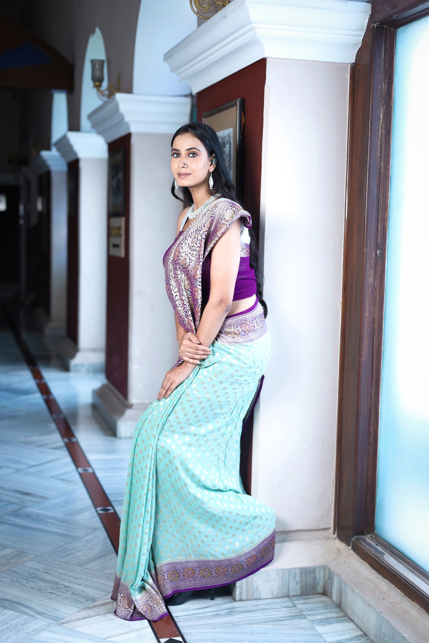 Odette Blue Georgette Embroidered Saree