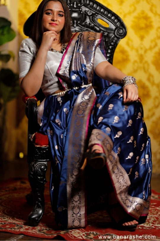 Navy Blue with Jaal Zari Work Handloom Katan Pure Silk Saree