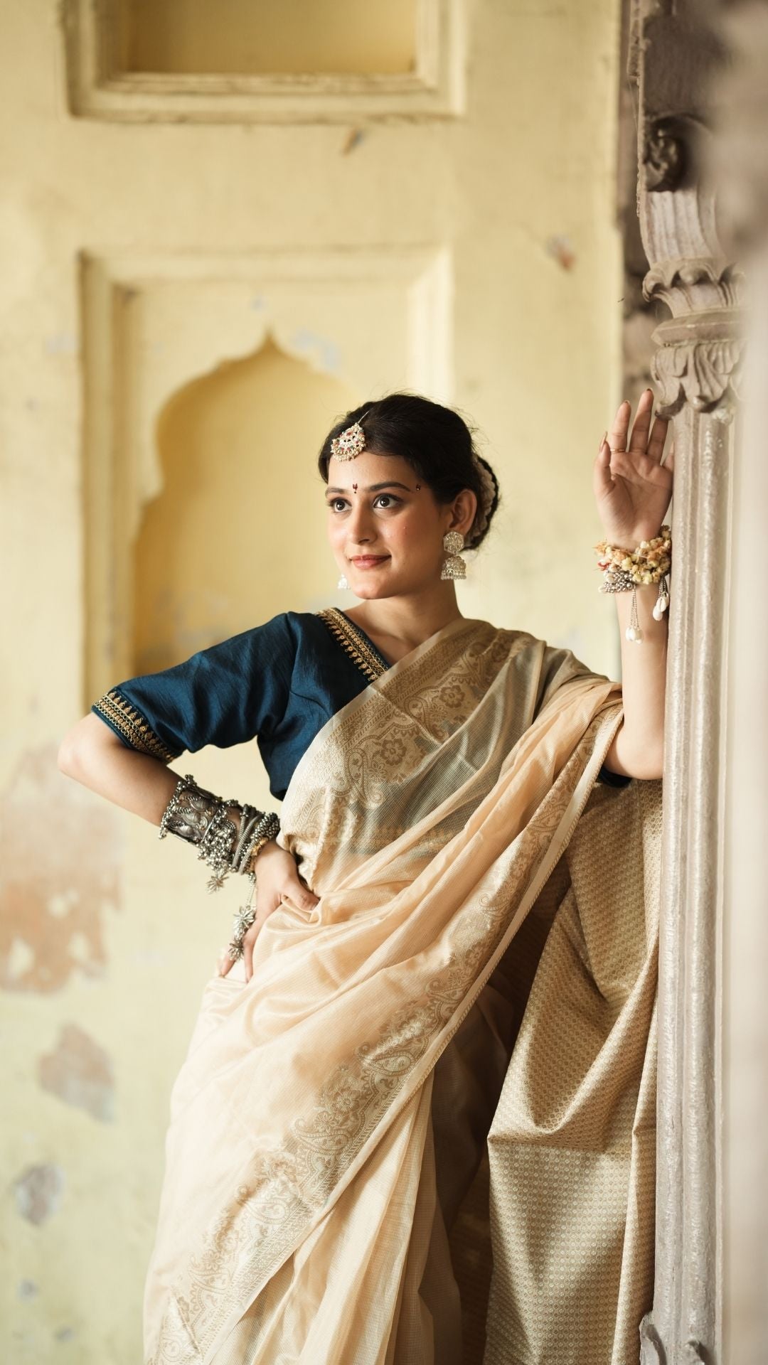 Cotton Check Super Net Resham Saree – Ivory Dream
