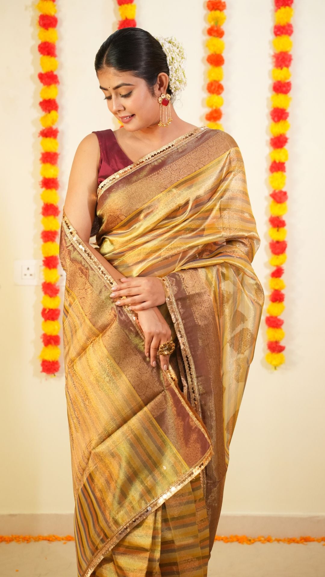 Golden Pure Tissue Silk Lace Work Gota patti designe Saree with Maroon Border