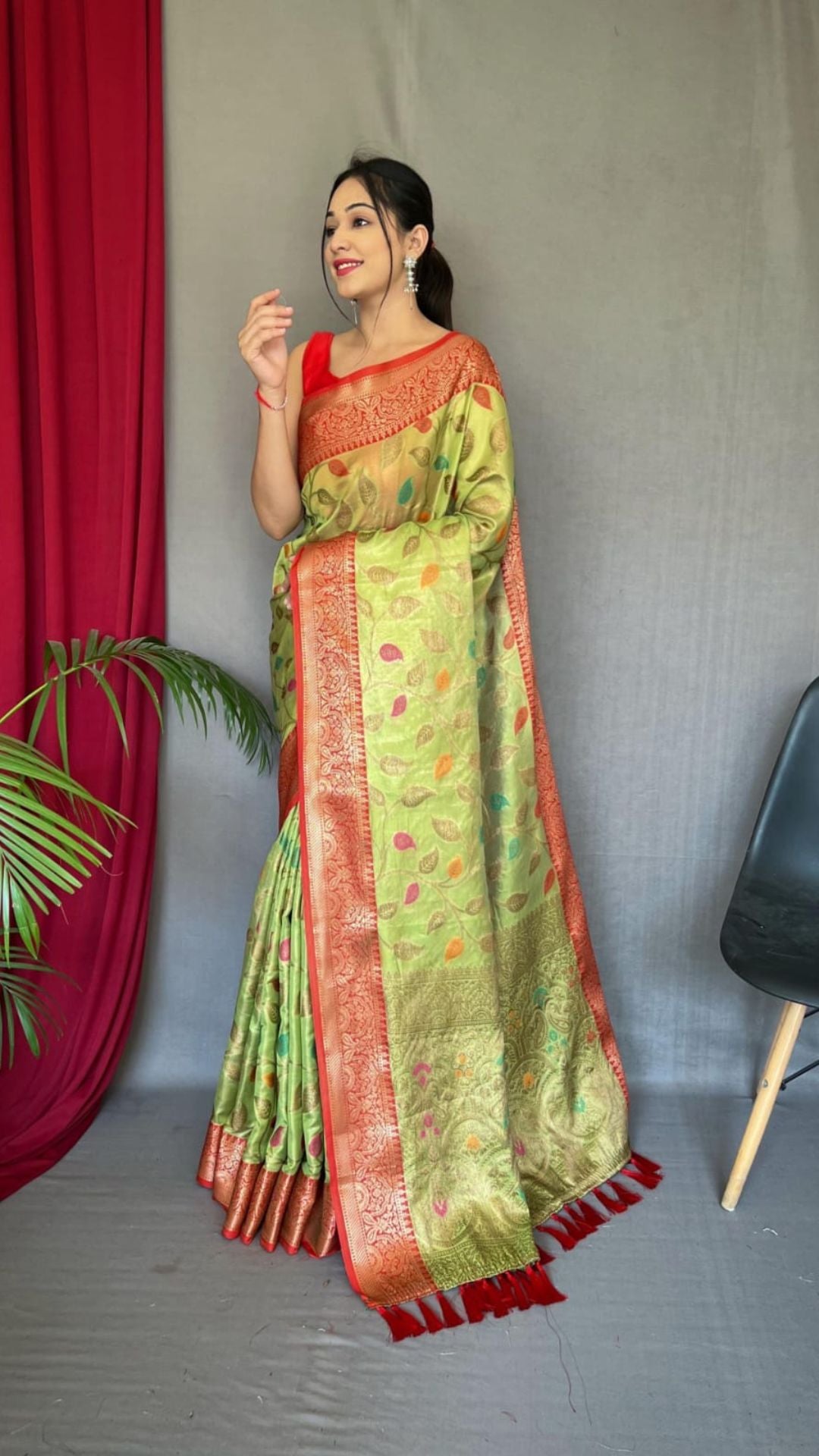 Green Organza Tissue Silk Saree with Contrast Red Zari Border & Rich Weaving Pallu