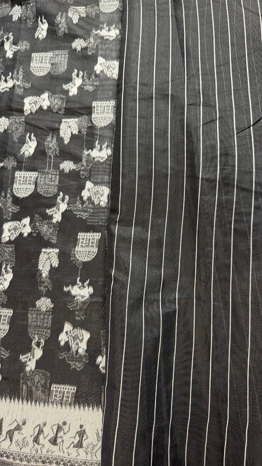 Banarashe Black & Silver Banarasi Georgette Saree with Gota Dandiya prints Motifs - Baranashe - Banarashe Black & Silver Banarasi Georgette Saree with Gota Dandiya prints Motifs