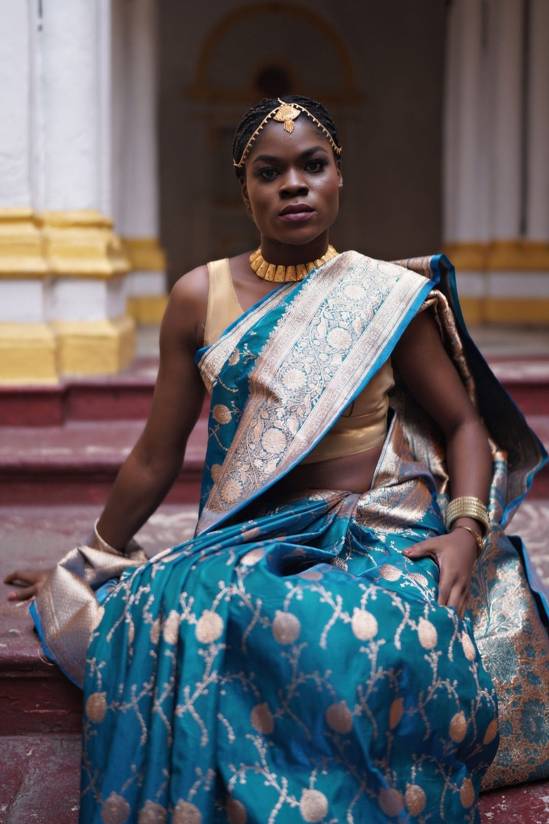 Blue Banarasi Saree Jewellery With Blue Silk Saree Silver Zari