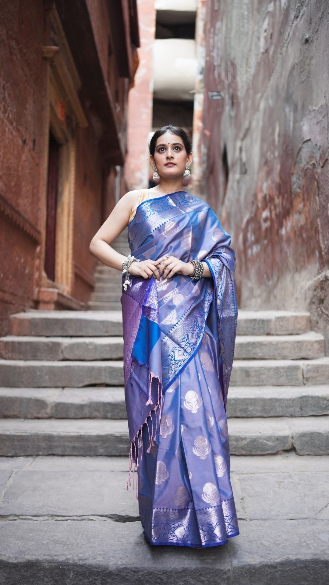 Semi Katan Silk Zari Booti Saree – Periwinkle Blue Glow