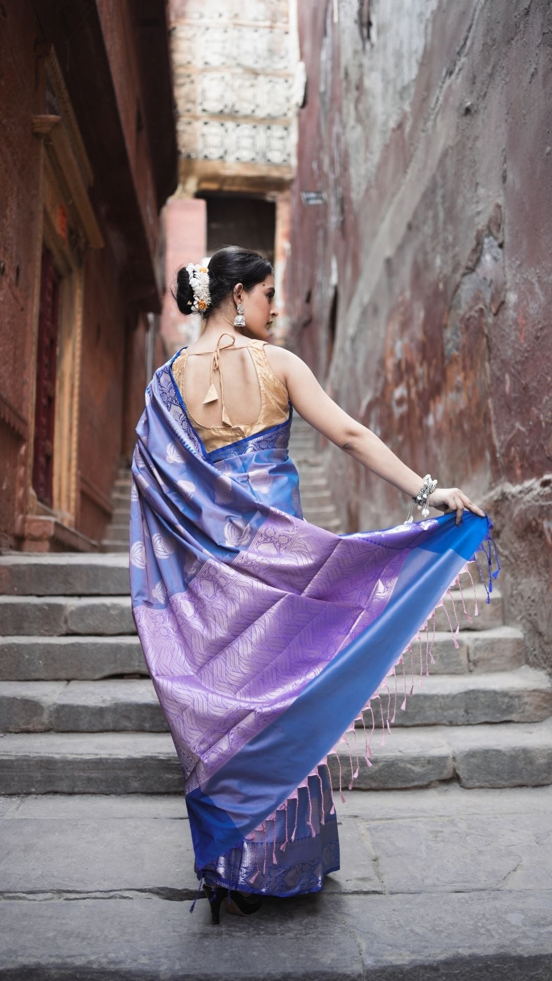 Semi Katan Silk Zari Booti Saree – Periwinkle Blue Glow