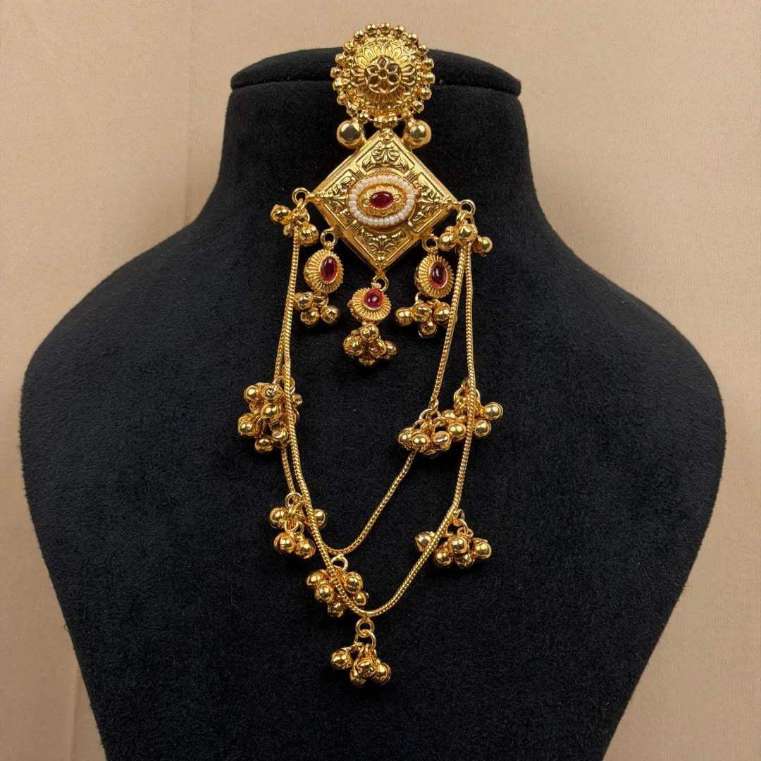Antique Gold Geometric Drop Earrings with Red Stone & Long Ghungroo Chains - Baranashe - Antique Gold Geometric Drop Earrings with Red Stone & Long Ghungroo Chains