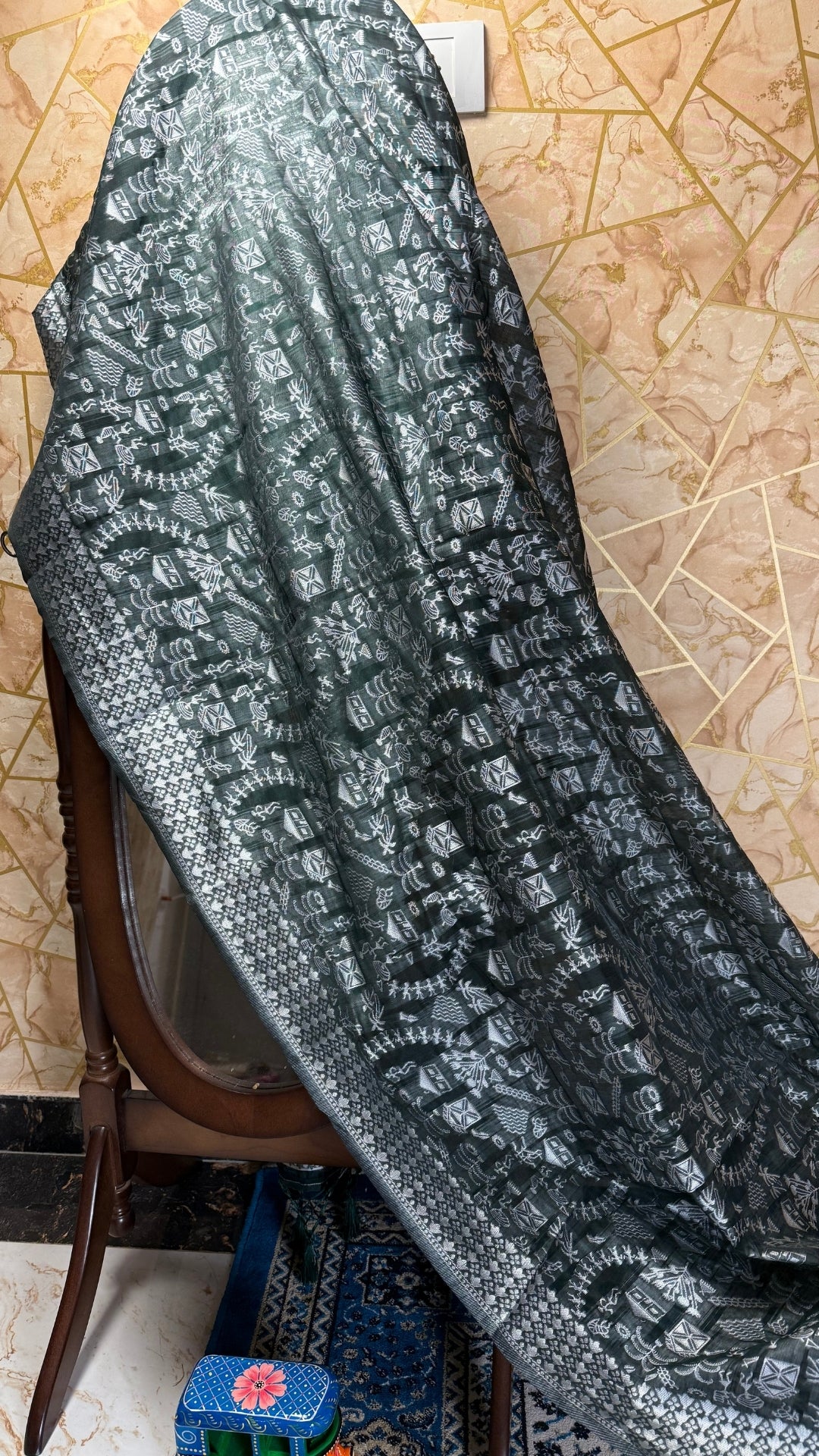 Banarashe Pure Cotton Banarasi Saree in Deep Green with Village Scene Weave