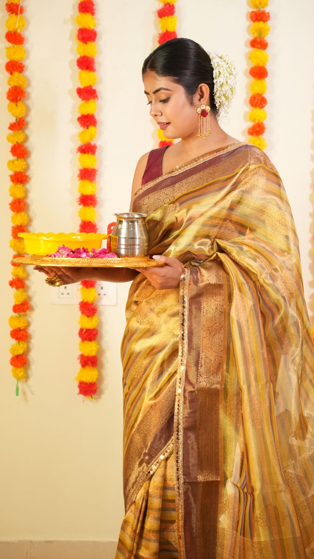 Golden Pure Tissue Silk Lace Work Gota patti designe Saree with Maroon Border