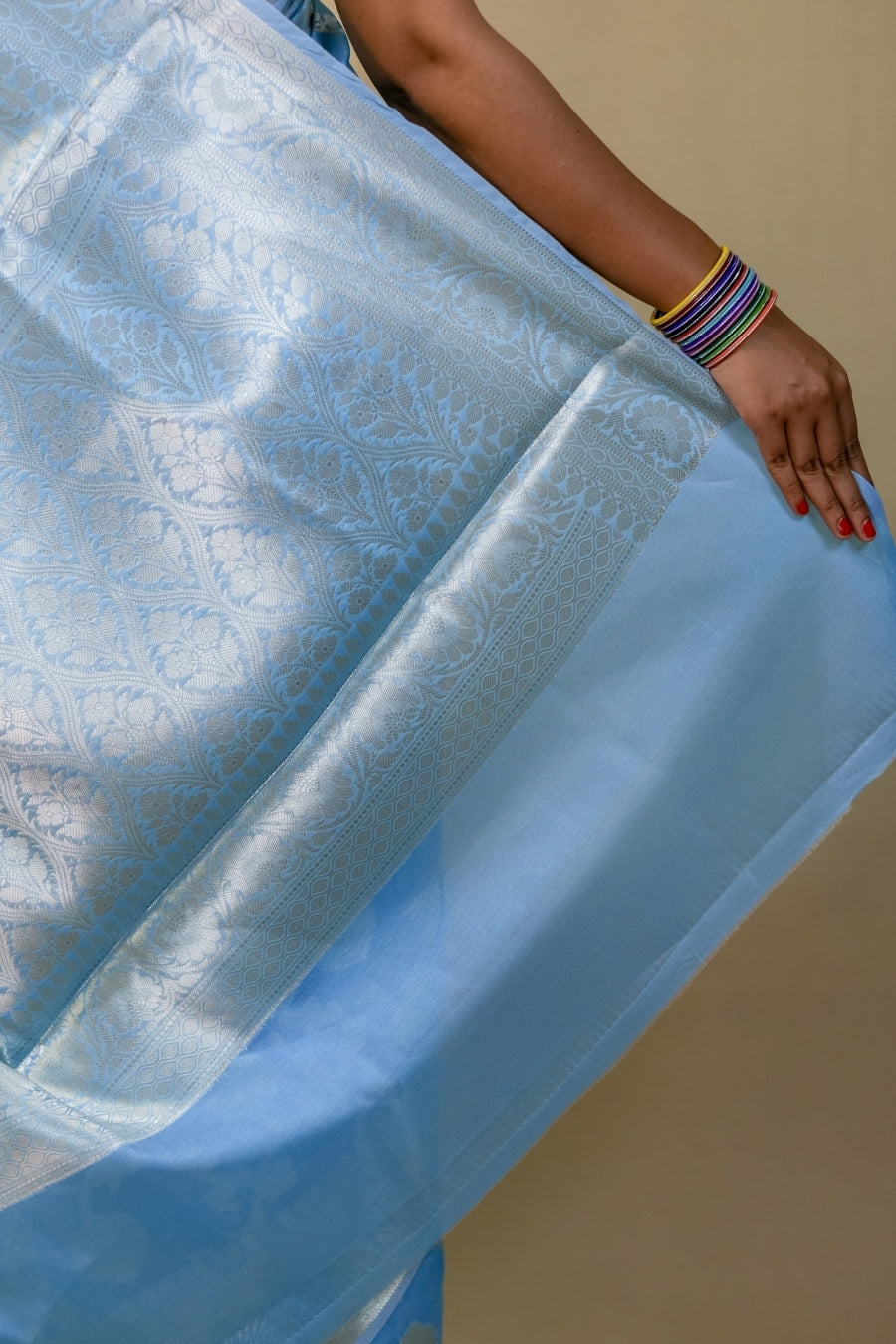 Serene Sky Blue Designer Mercerised Banarasi Kataan Monica Silk Saree